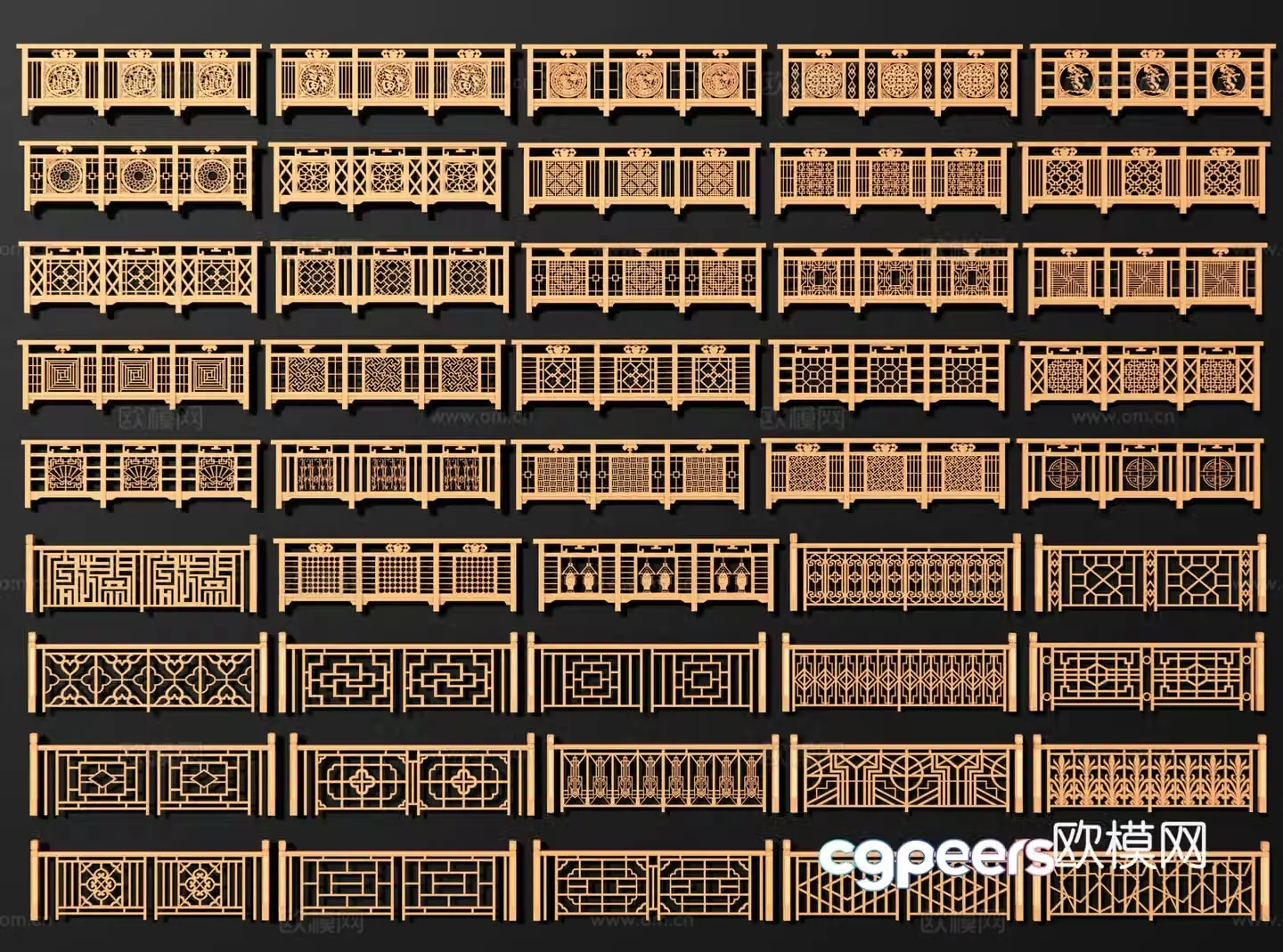 New Chinese style wooden railings Solid wood railings Wooden fence Wooden guardrails Wooden fence Wooden handrail carved railings 3D model