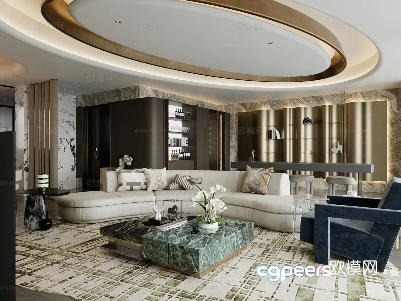 Light luxury home living room large living room horizontal living room sofa and coffee table combination 3D model