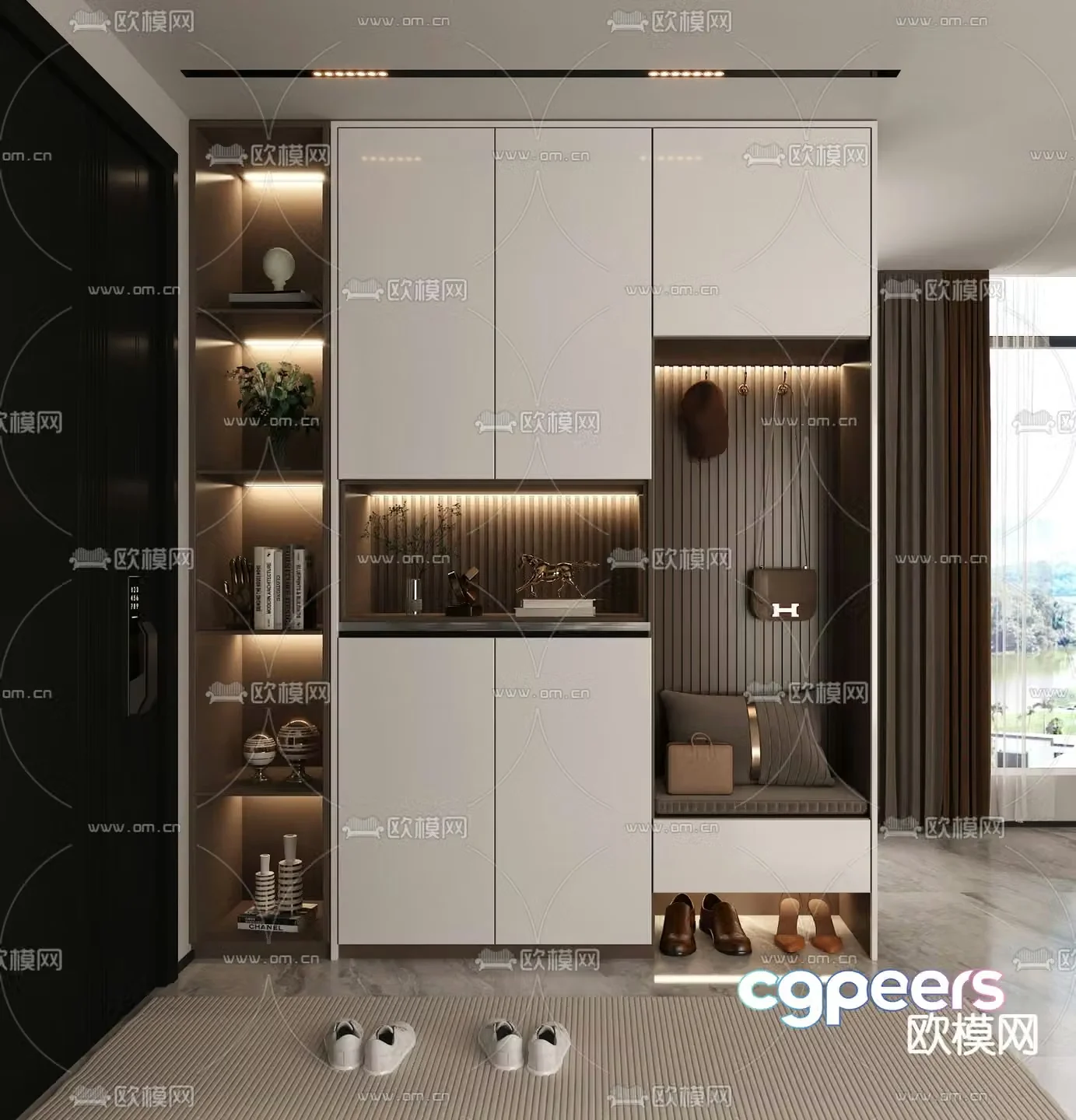 Entrance shoe cabinet and shoe changing stool 3D model