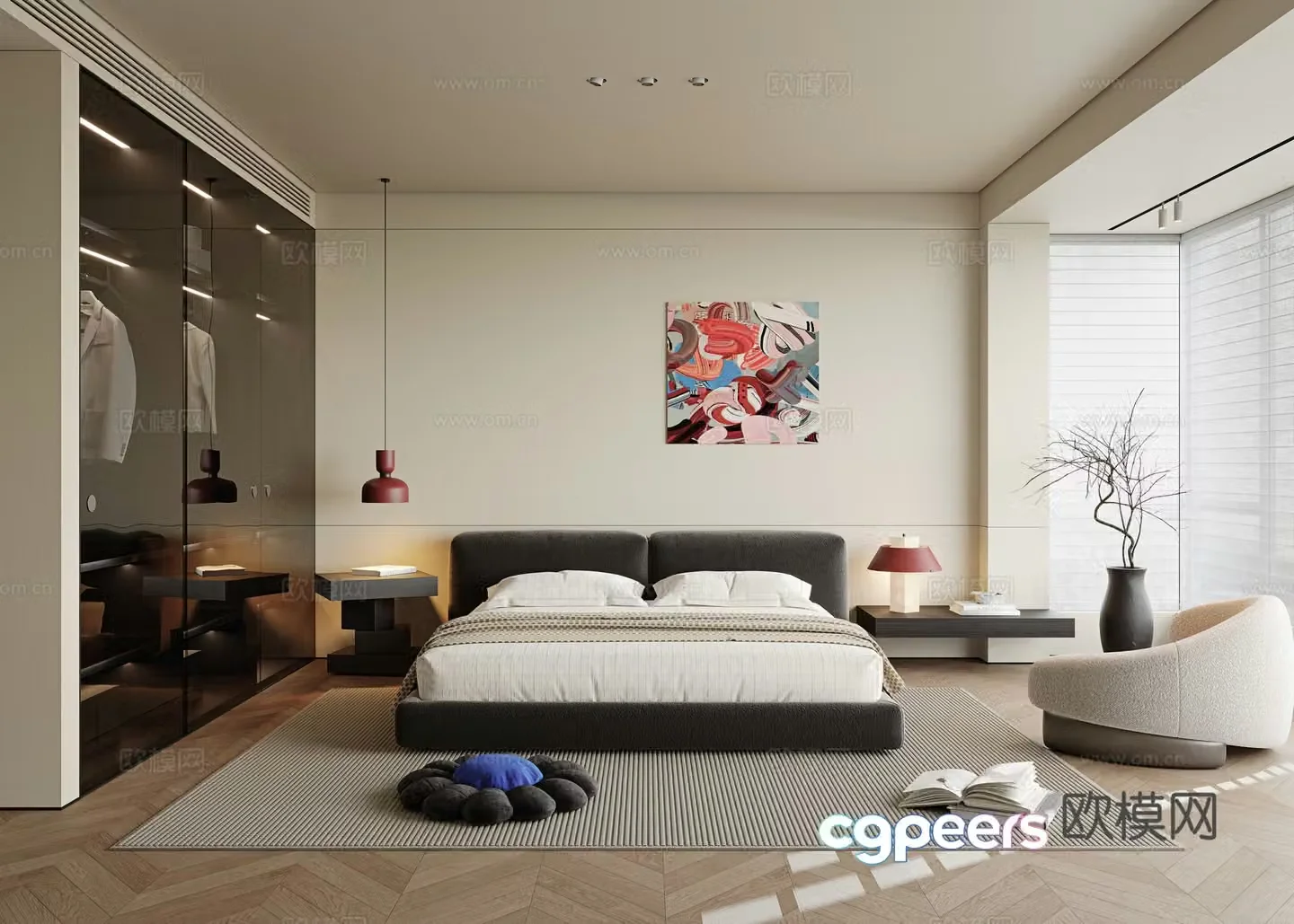 Wasabi Bedroom Master Bedroom No-Primary Bedroom Fabric Double Bed Small Chandeliers Bedside Side 3D Model