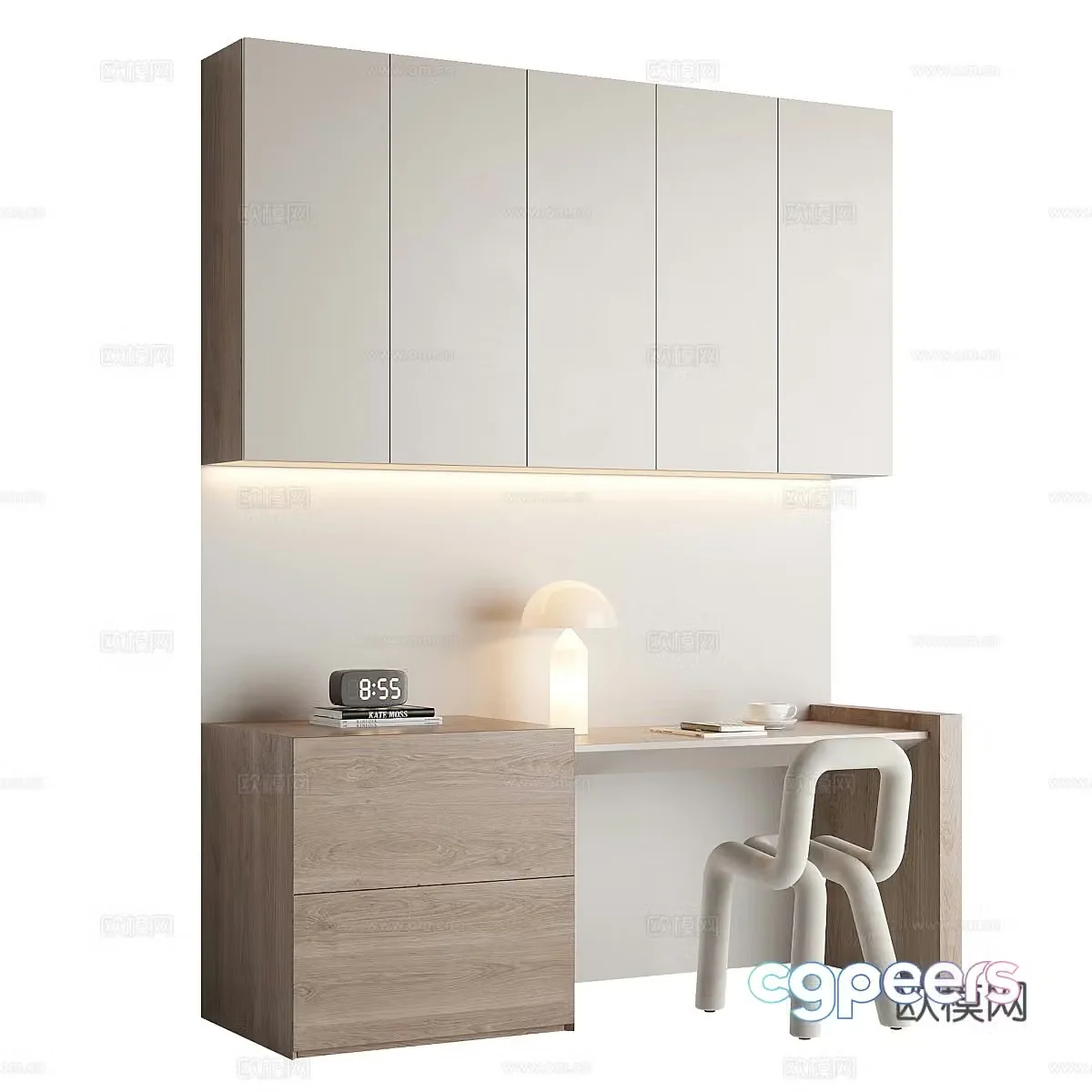 Modern minimalist bookcase desk and chair combination 3D model