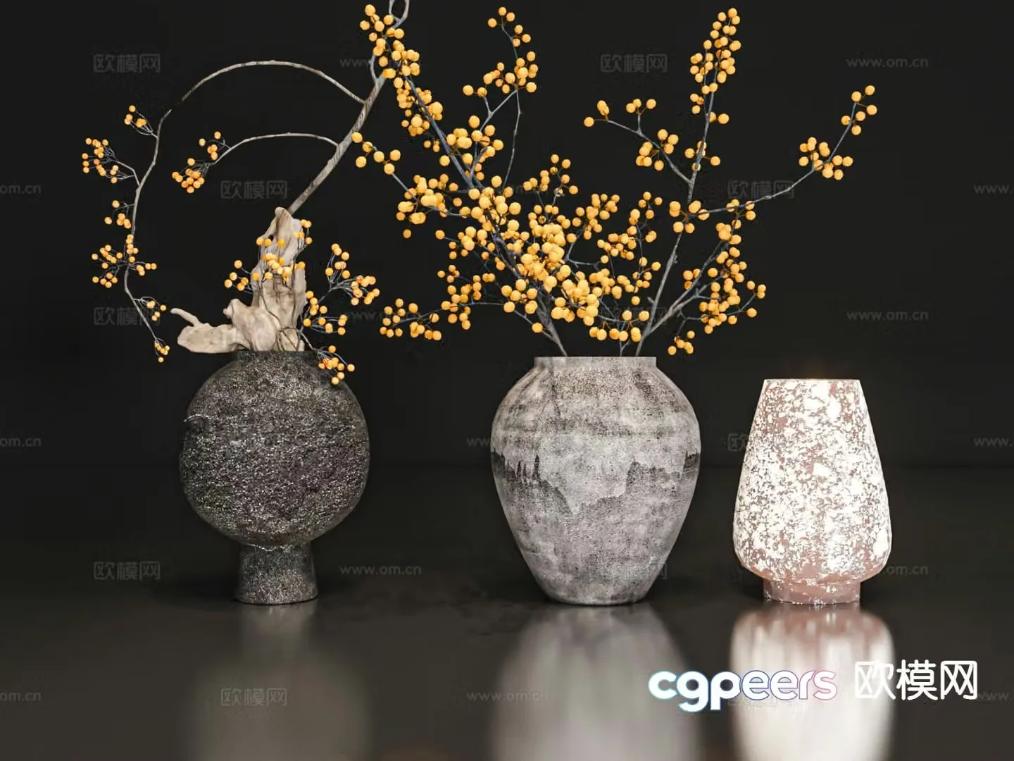 wabi-sabi clay pot vase floral arrangement flower arrangement 3d model