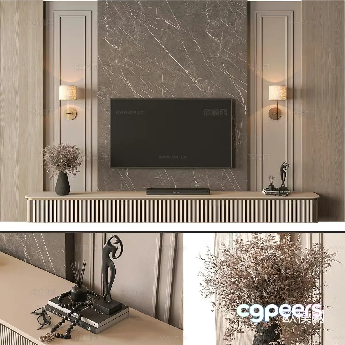 New Chinese style Wasabi living room TV background wall 3D model
