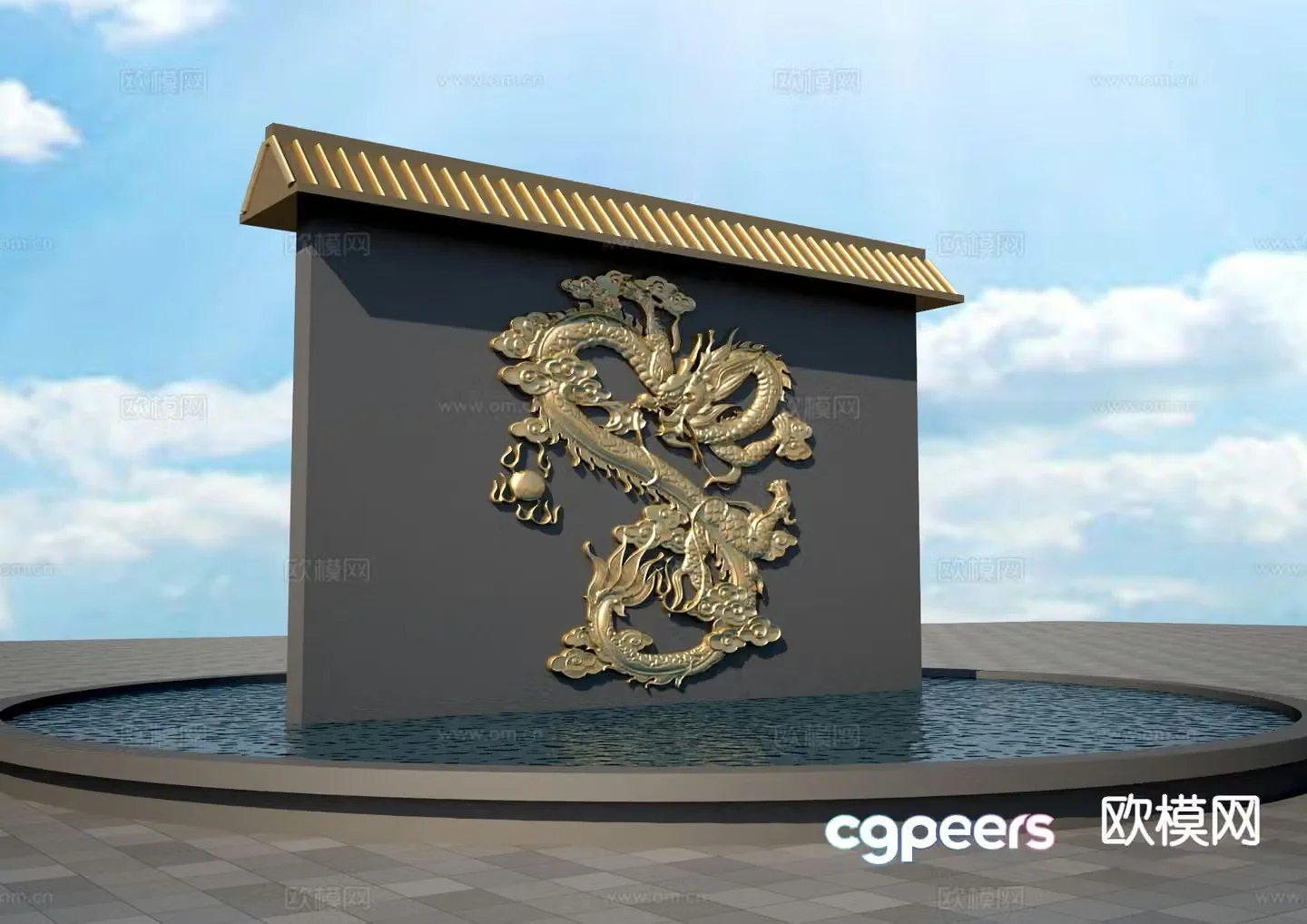 New Chinese style landscape wall Panlong relief wall 3D model