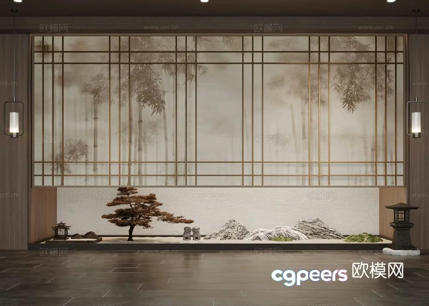 New Chinese style interior landscape landscaping DuPont paper screen partition Landscape wall Rockery Tea room tea table 3D model