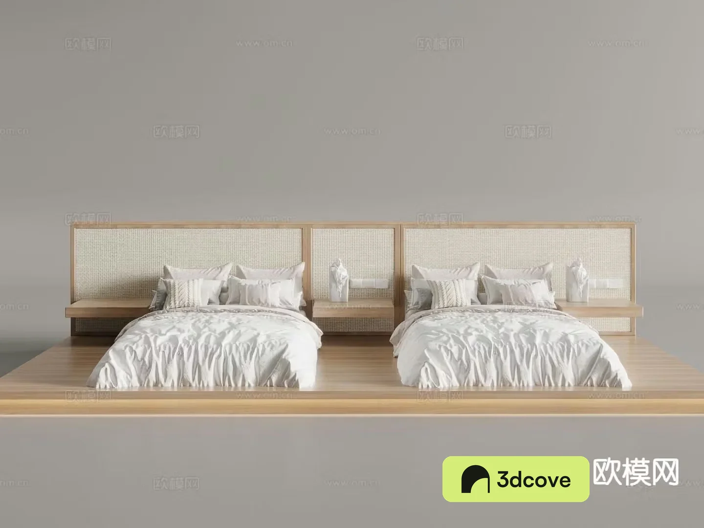 Wabi-sabi style double bed bedside background rattan bedside