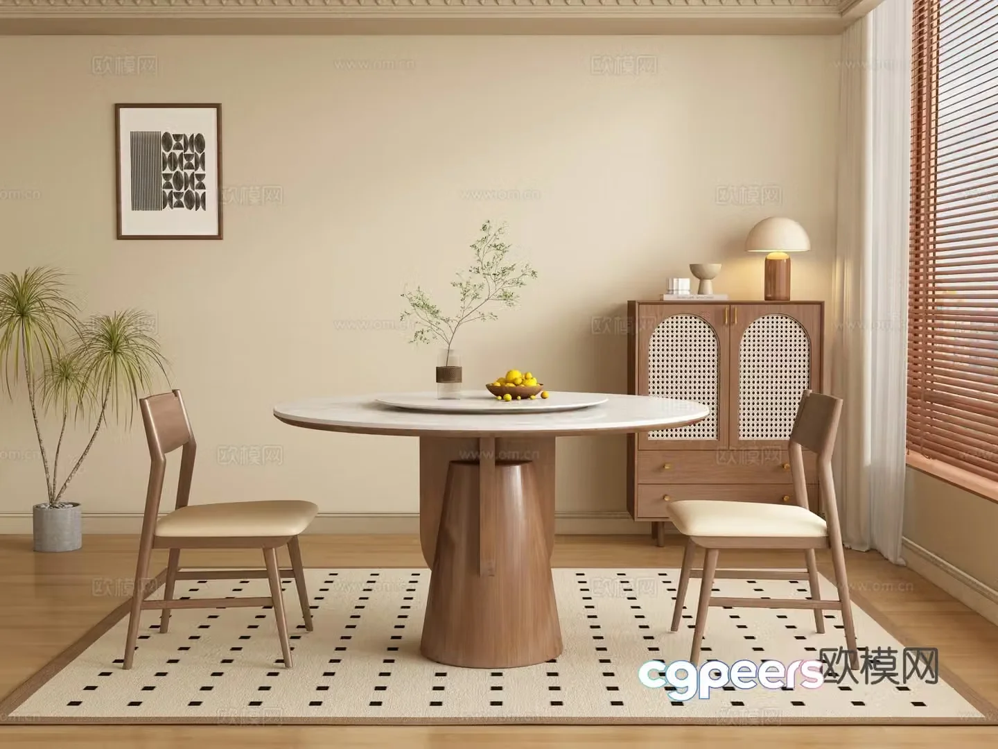 Medium style round dining table and chair 3D model