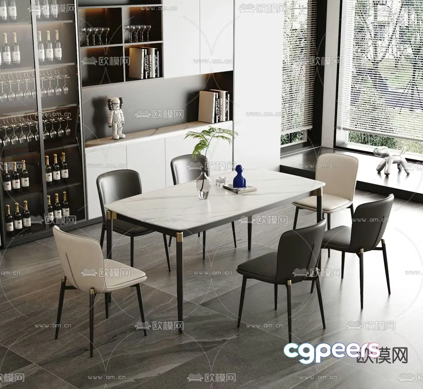 Long dining table and chairs 3d model