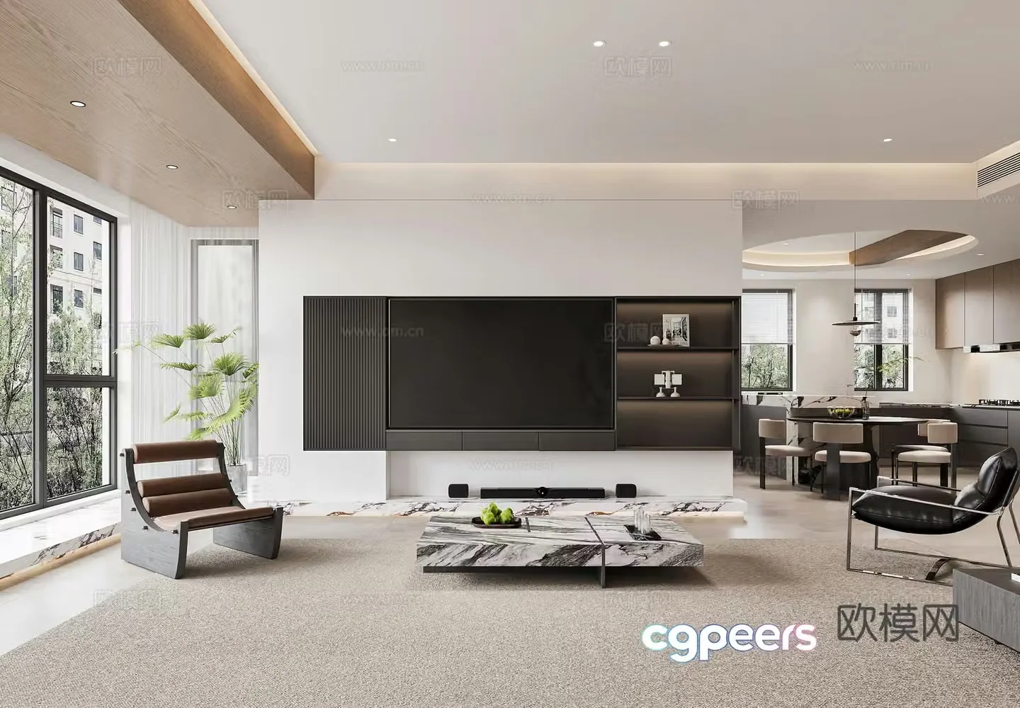 Modern living room TV background wall TV cabinet combination sofa leisure chair light luxury living and dining 3D model