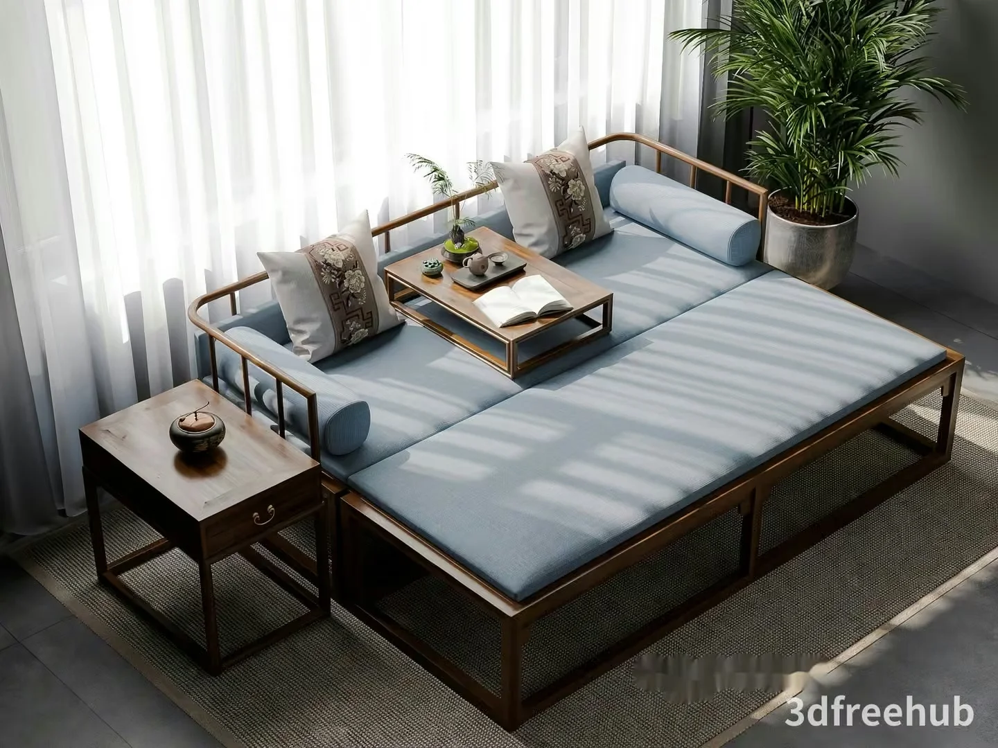 A Wooden Daybed With A Light Blue Cushion 3D Model – 20842 – VRAY Render