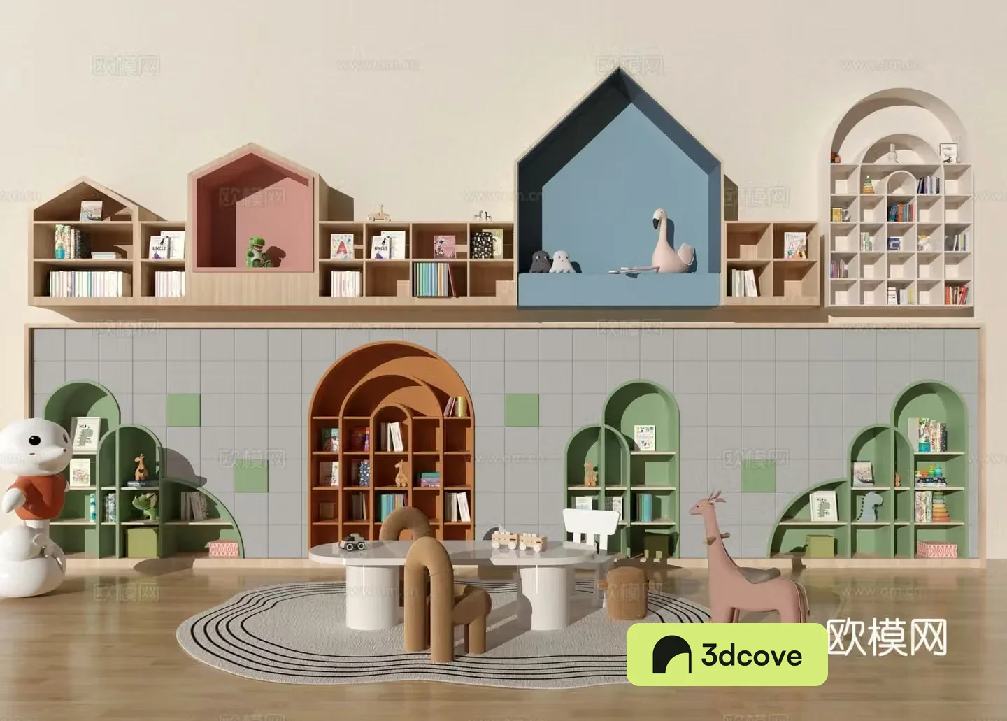 Kindergarten bookshelf Kindergarten bookcase reading room Kindergarten table and chair