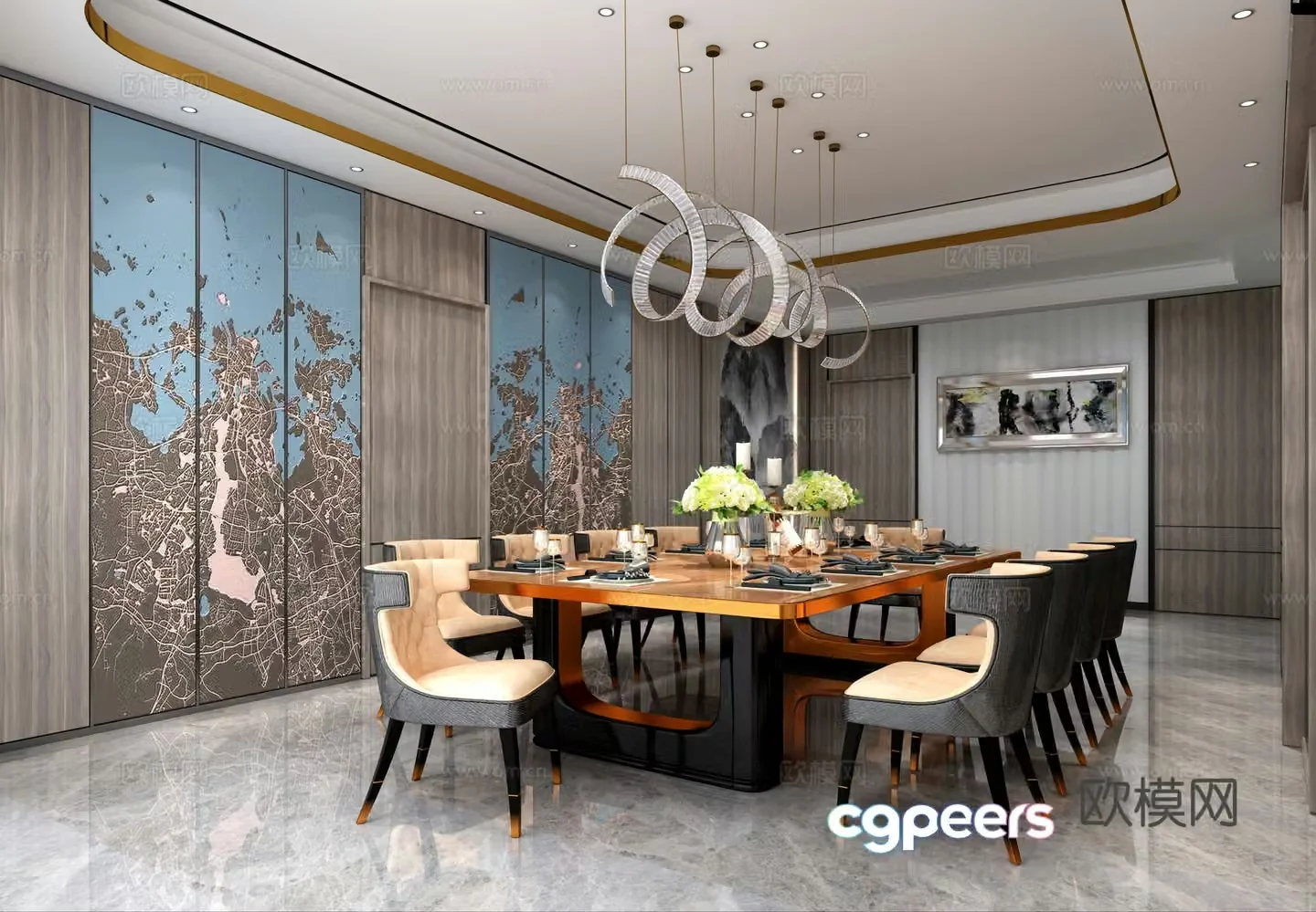 Modern living and dining table and chairs hanging lamps murals desktop ornaments sofa and coffee table 3D model