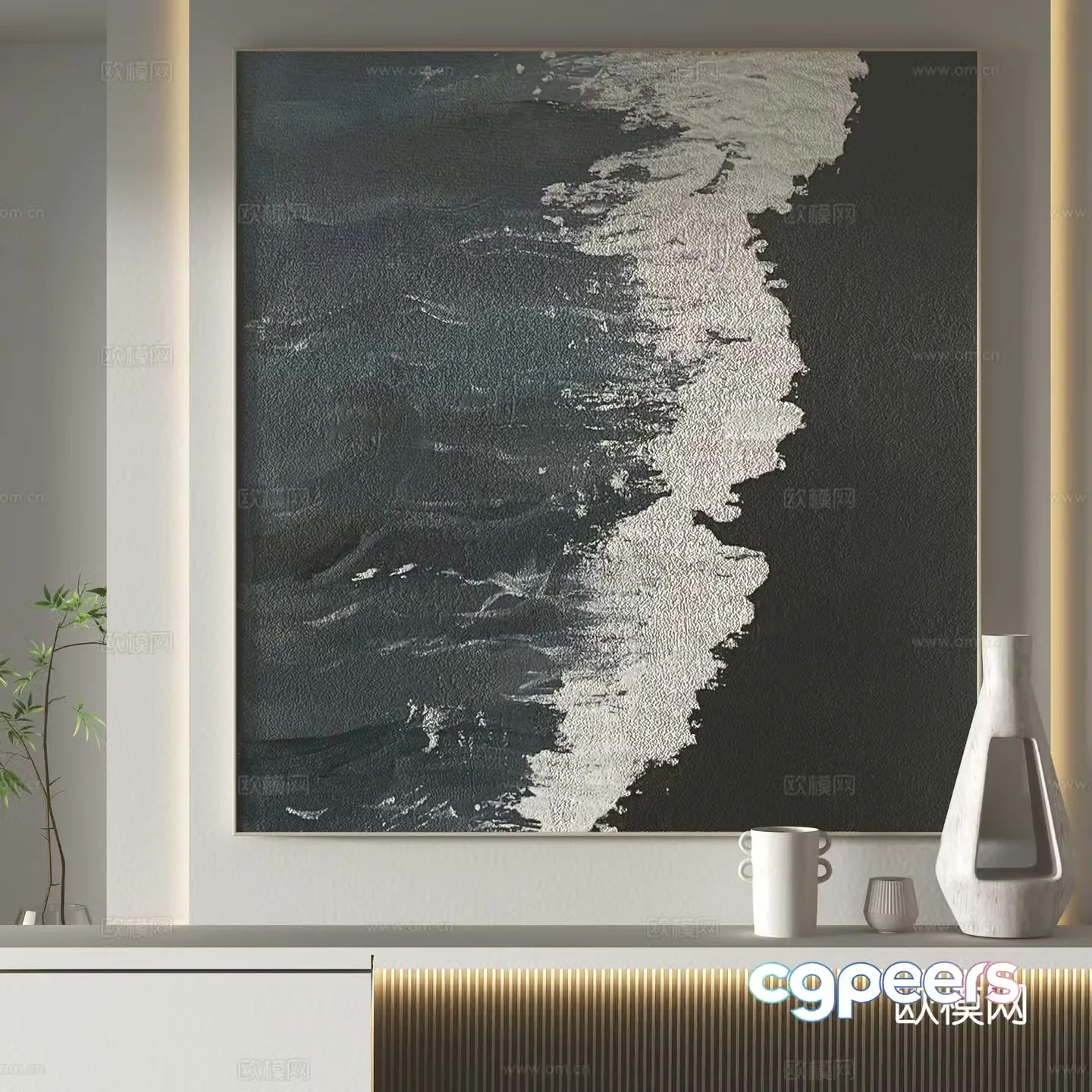Wabi-sabi style oil painting wave hanging painting 3d model