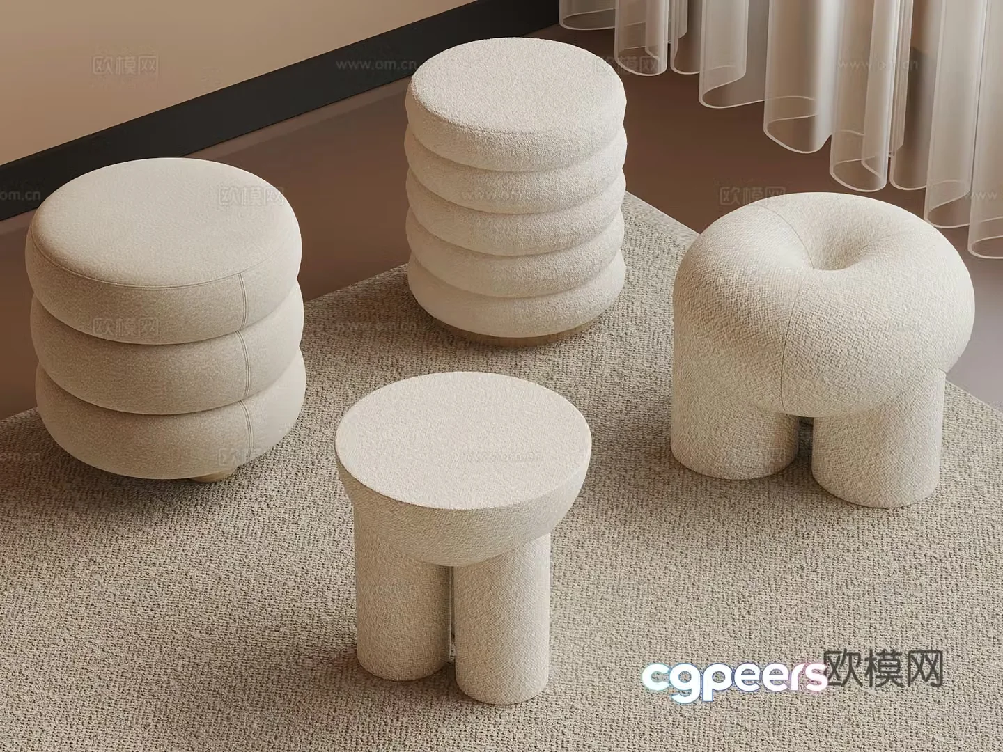 Modern cream style sofa stool low stool round stool 3d model