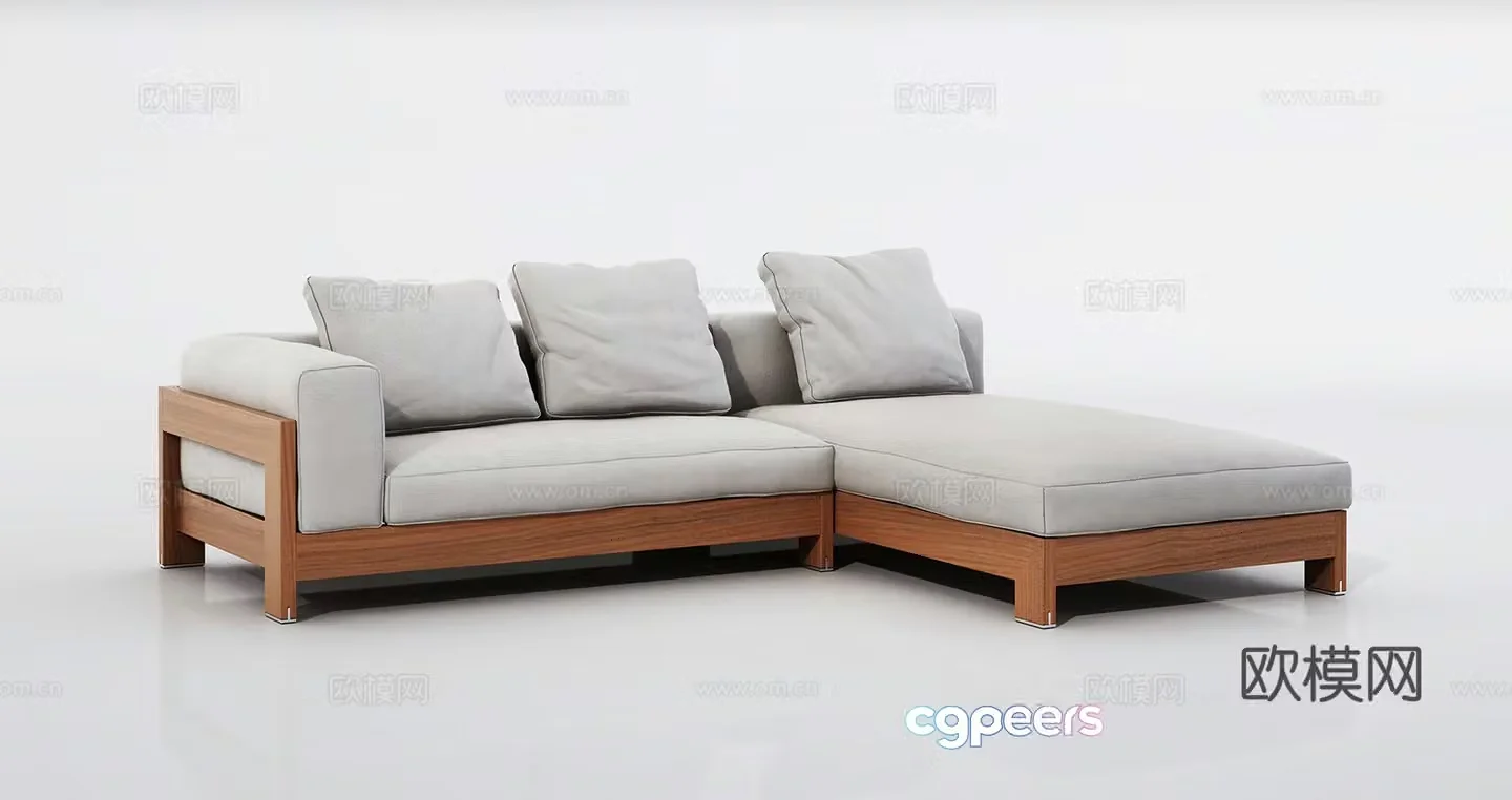 New Chinese-style L-shaped sofa fabric sofa multi-person sofa casual sofa 3D model
