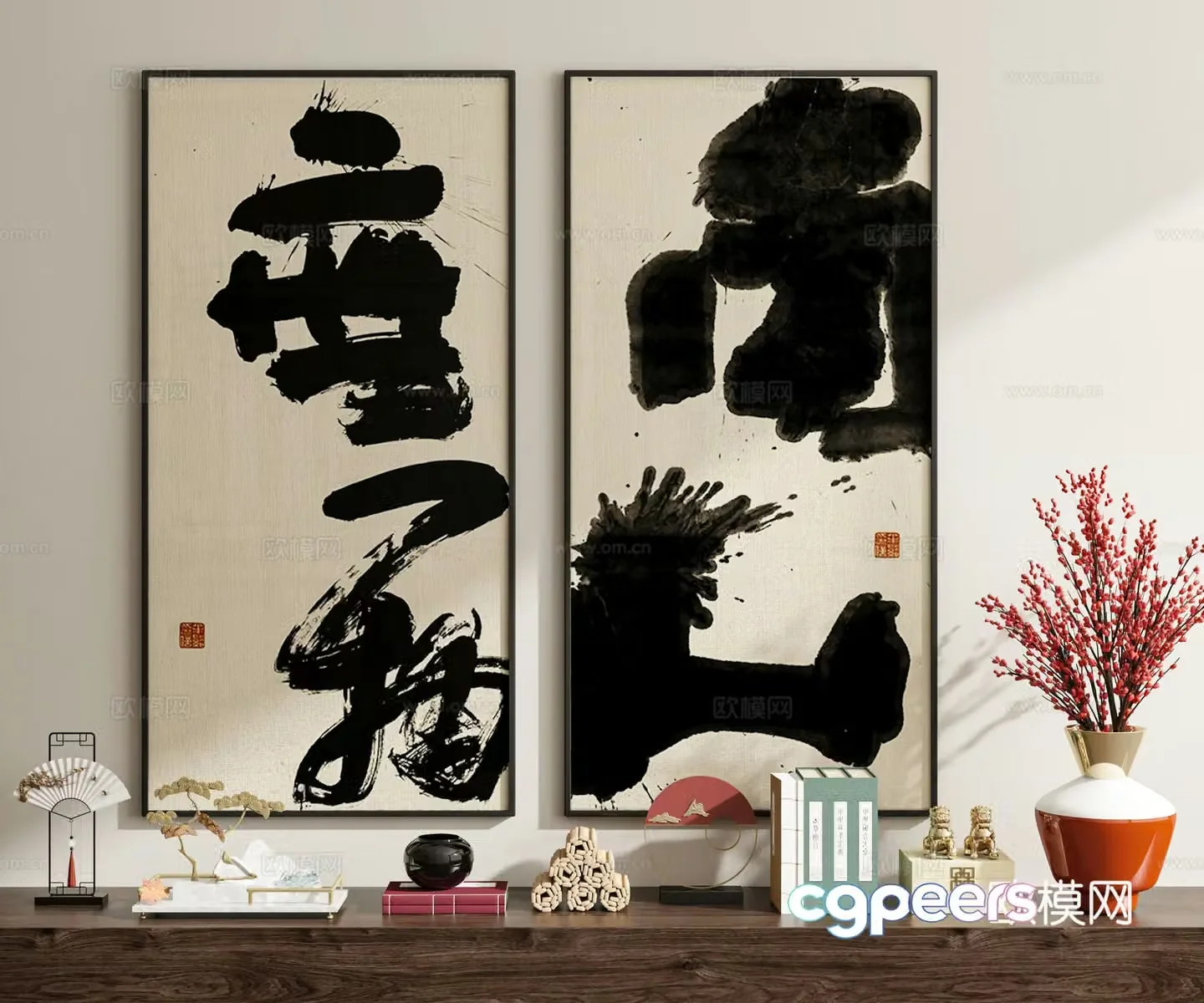 New Chinese-style artistic characters calligraphy calligraphy and painting decorations 3D models