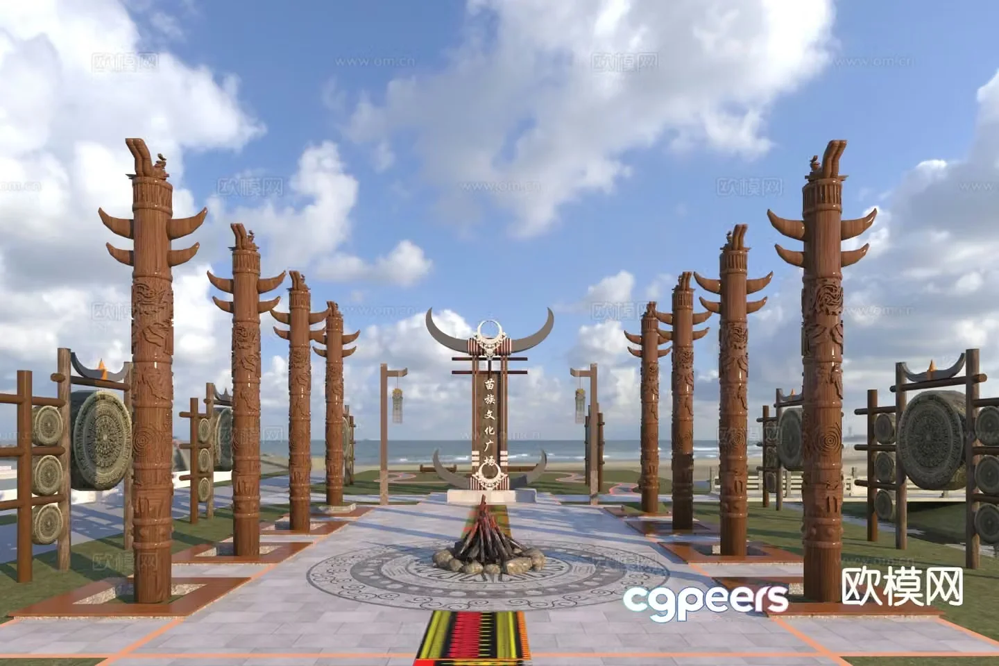 New Chinese style square landscape Miao square landscape 3D model