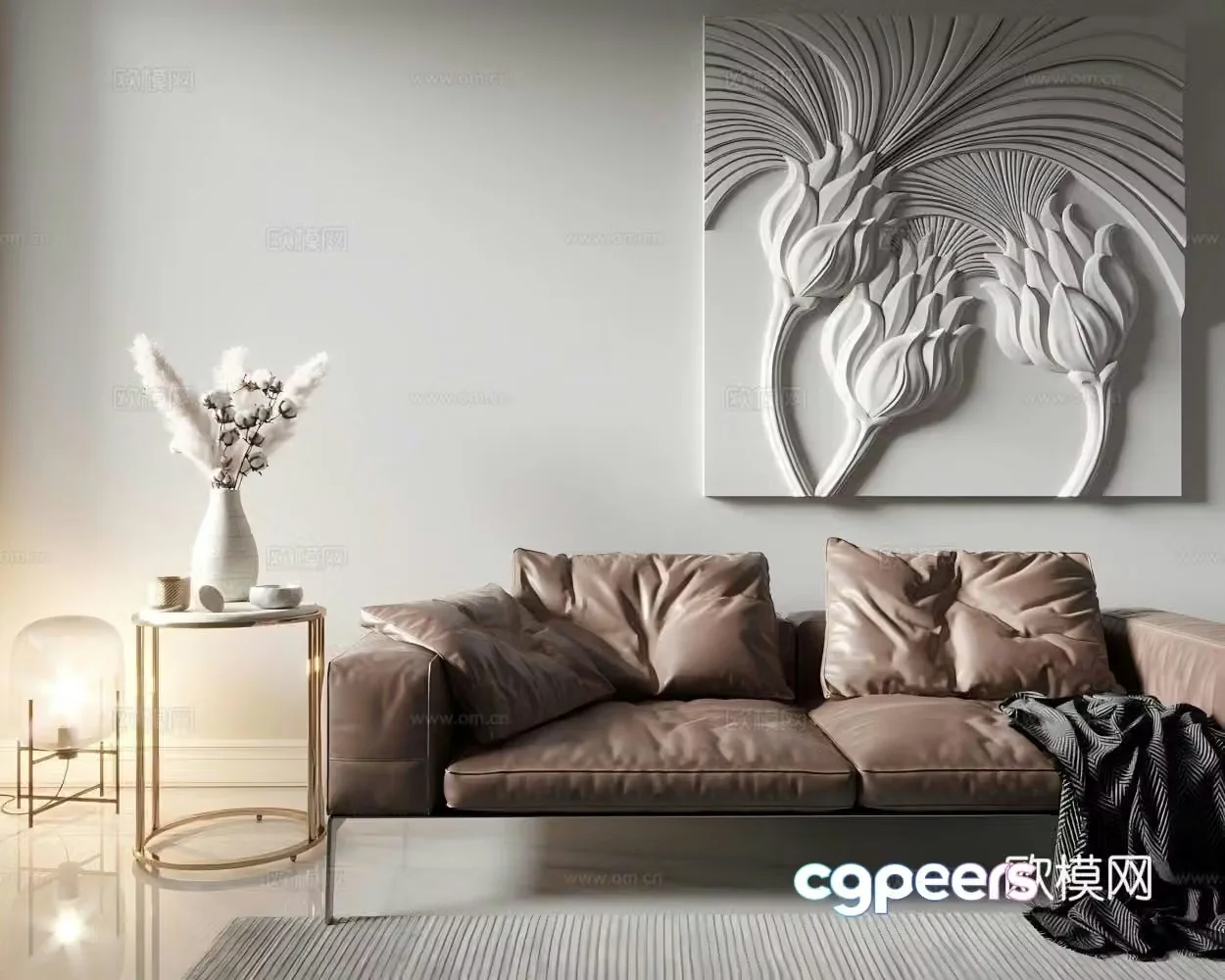 Foreign realistic scenes leather sofa metal coffee table glass table lamp wall decoration 3D model