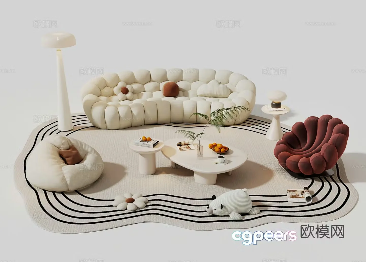 Cream style sofa combination sofa curved sofa internet celebrity sofa lazy sofa 3d model