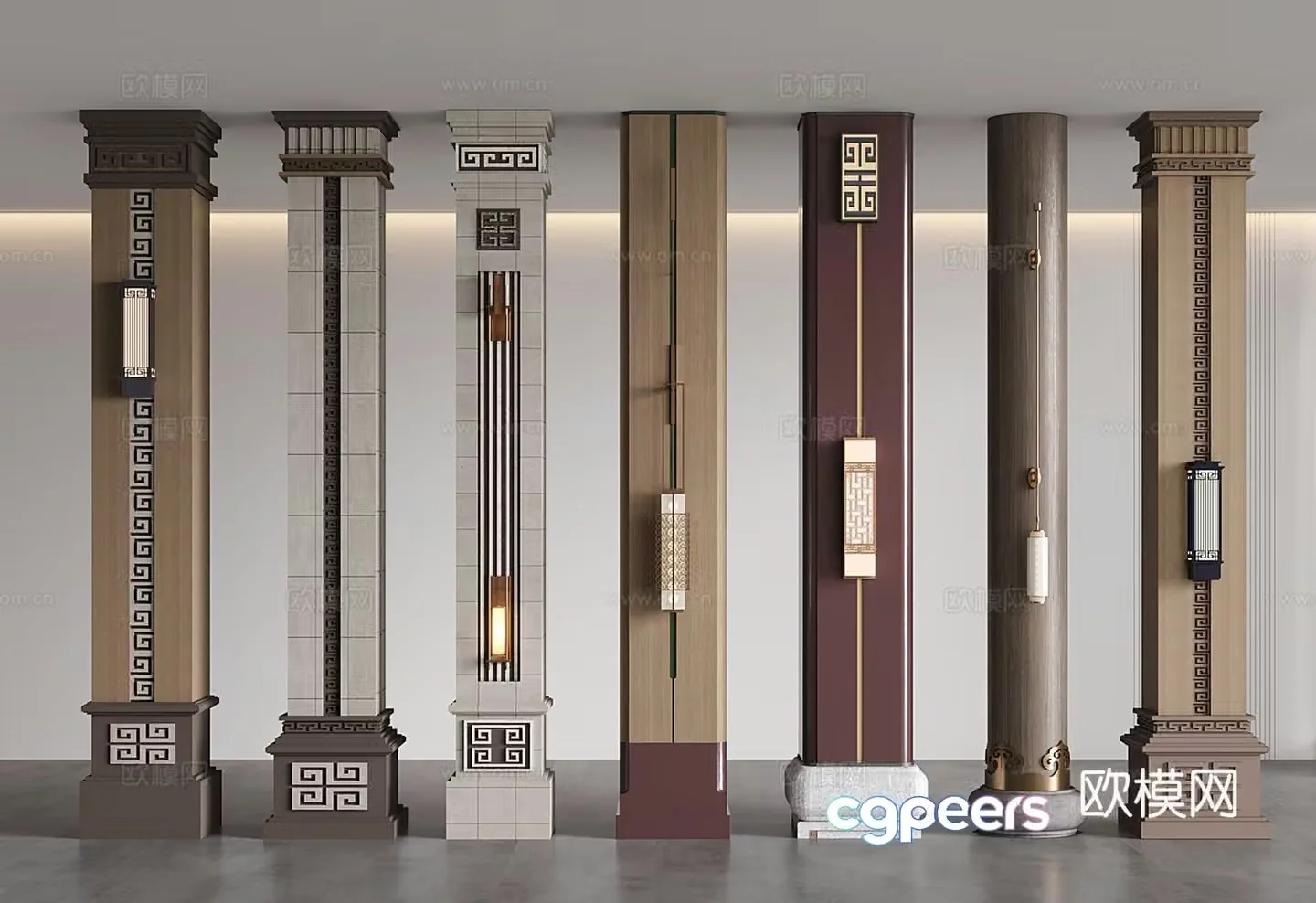 New Chinese column Square column Cylinder Modeling decorative column 3D model