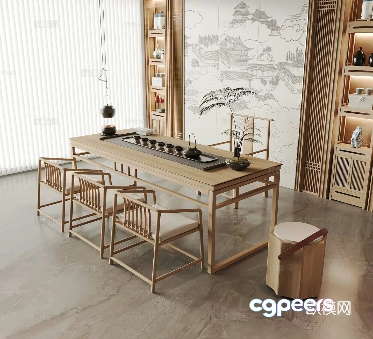 New Chinese-style tea room tea table and chair tea cabinet tea set hanging teapot 3D model