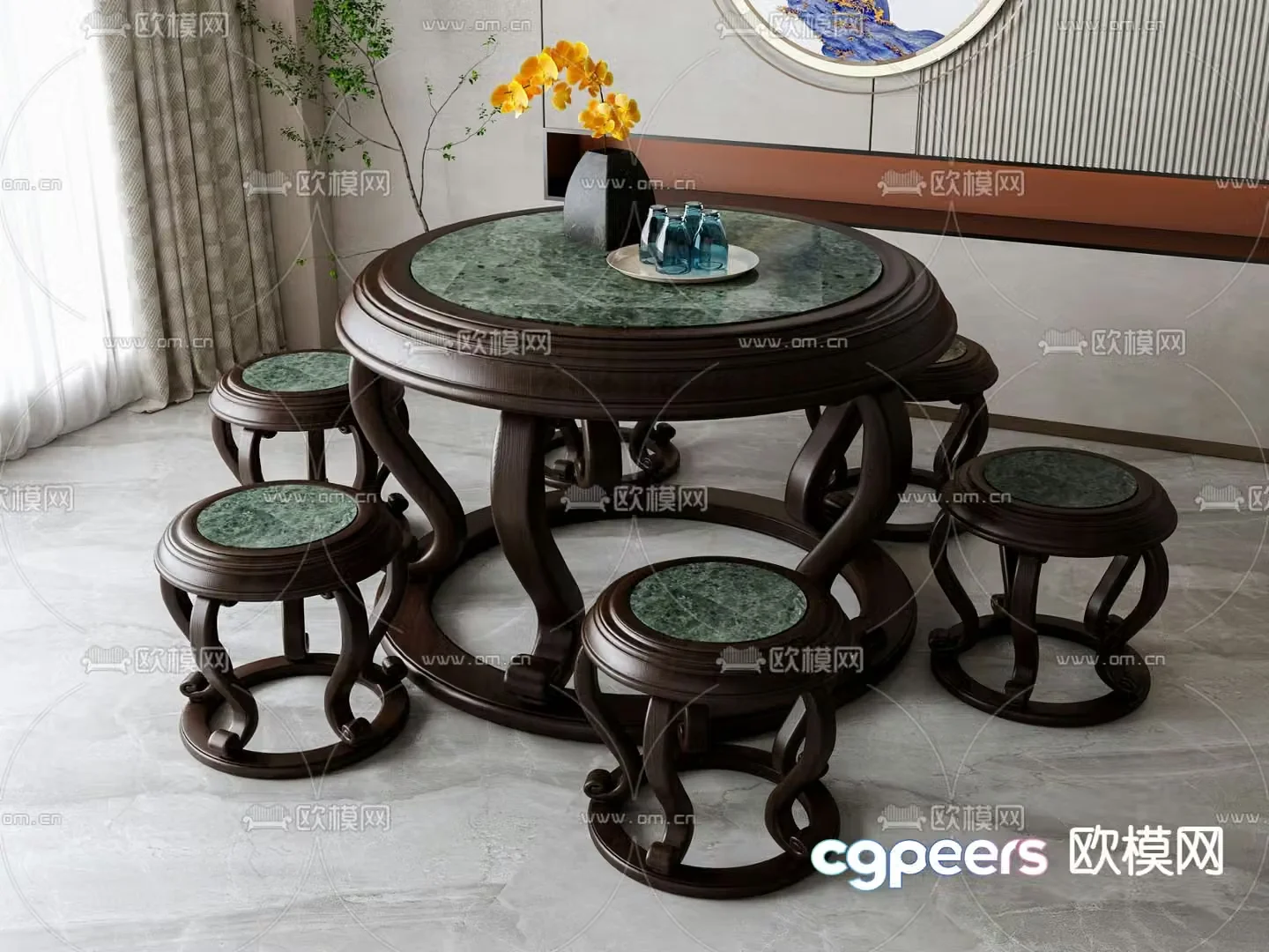 New Chinese Round Dining Table Tea Table Tea Stool 3D Model