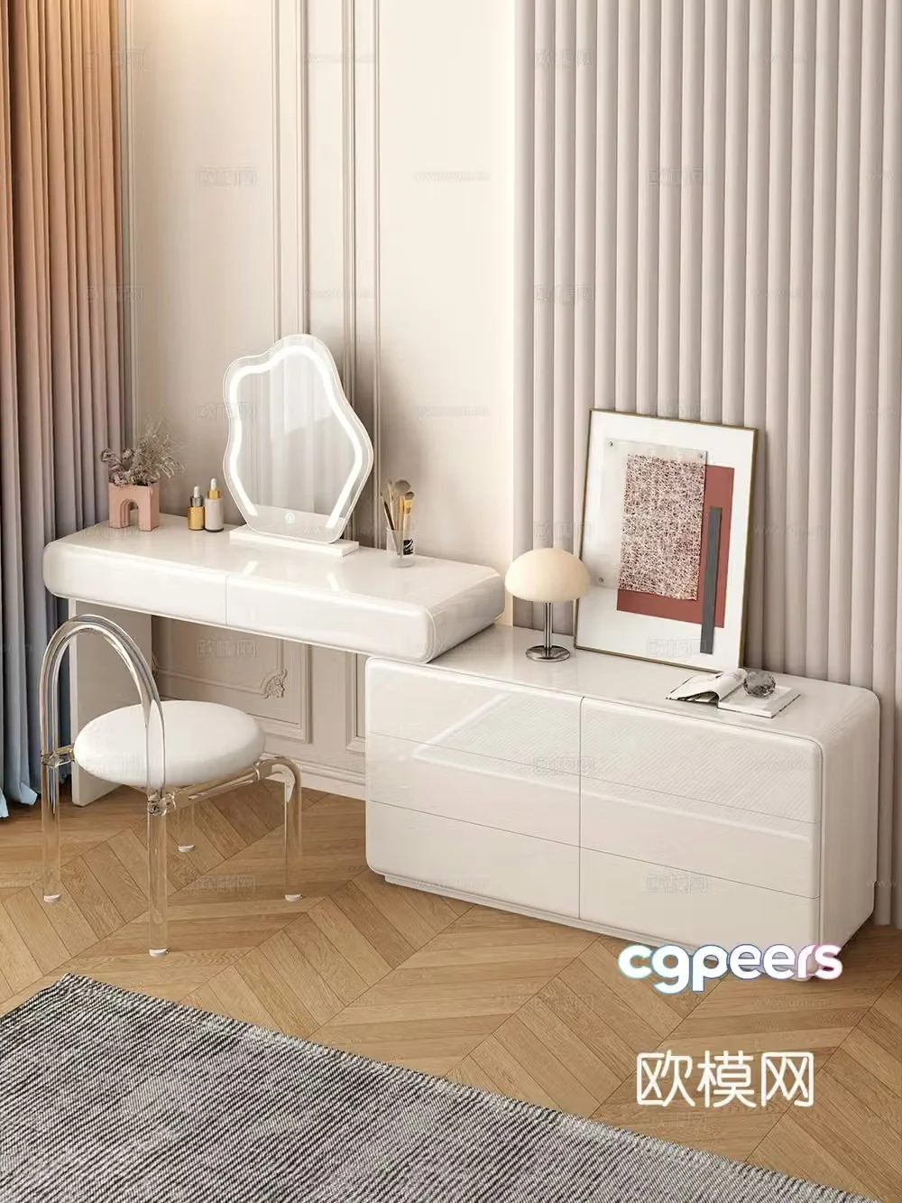 Cream style dressing table makeup stool combination dressing table makeup stool mirror decoration hanging painting 3D model