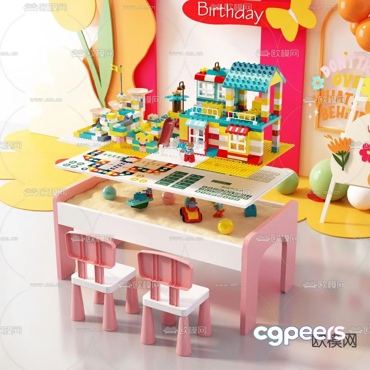 Modern children’s solid wood building block table toy 3d model
