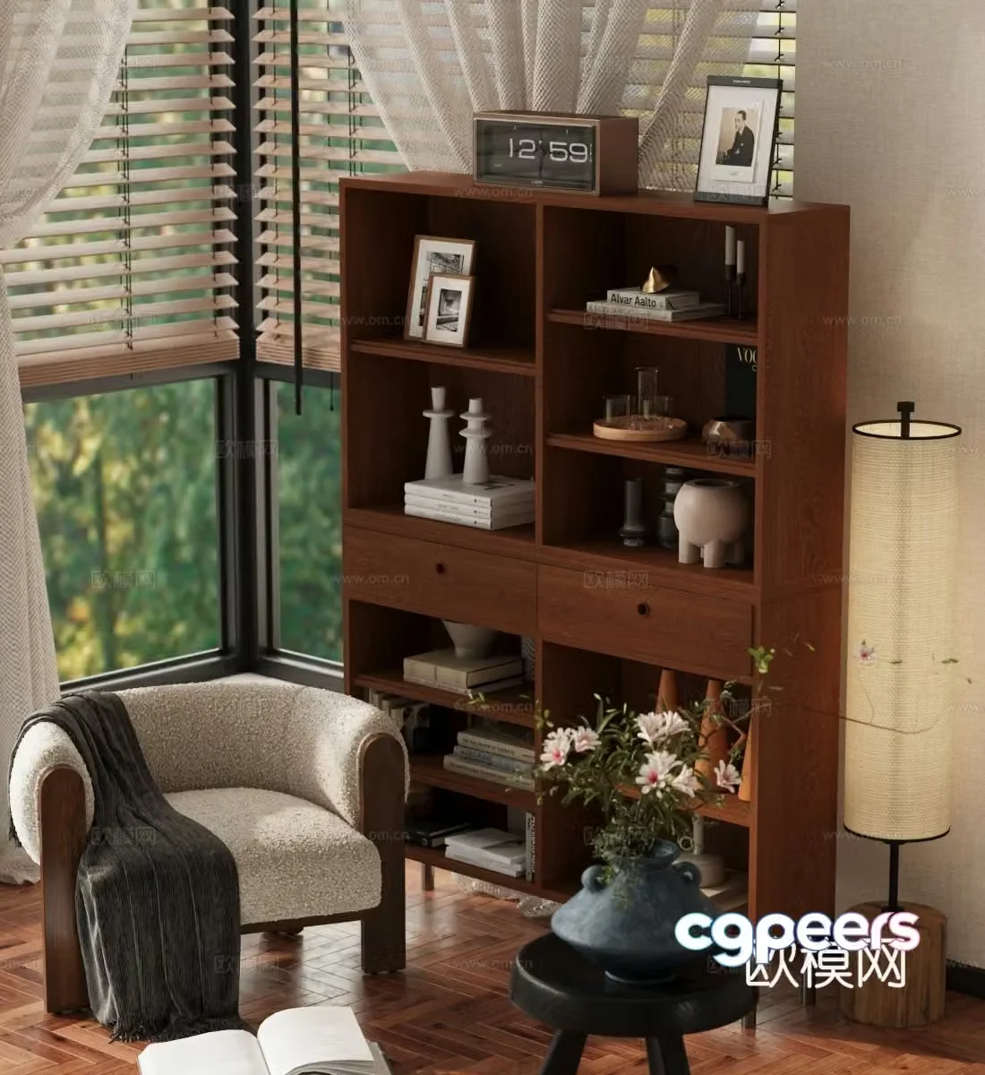 Middle-aged style storage cabinet bookcase leisure chair floor lamp potted flower art 3D model