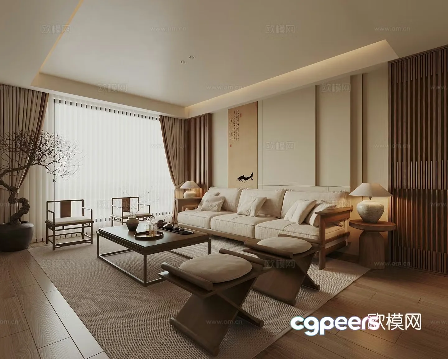 Song style living room new Chinese style living room sofa and coffee table combination leisure chair background wall potted 3D model