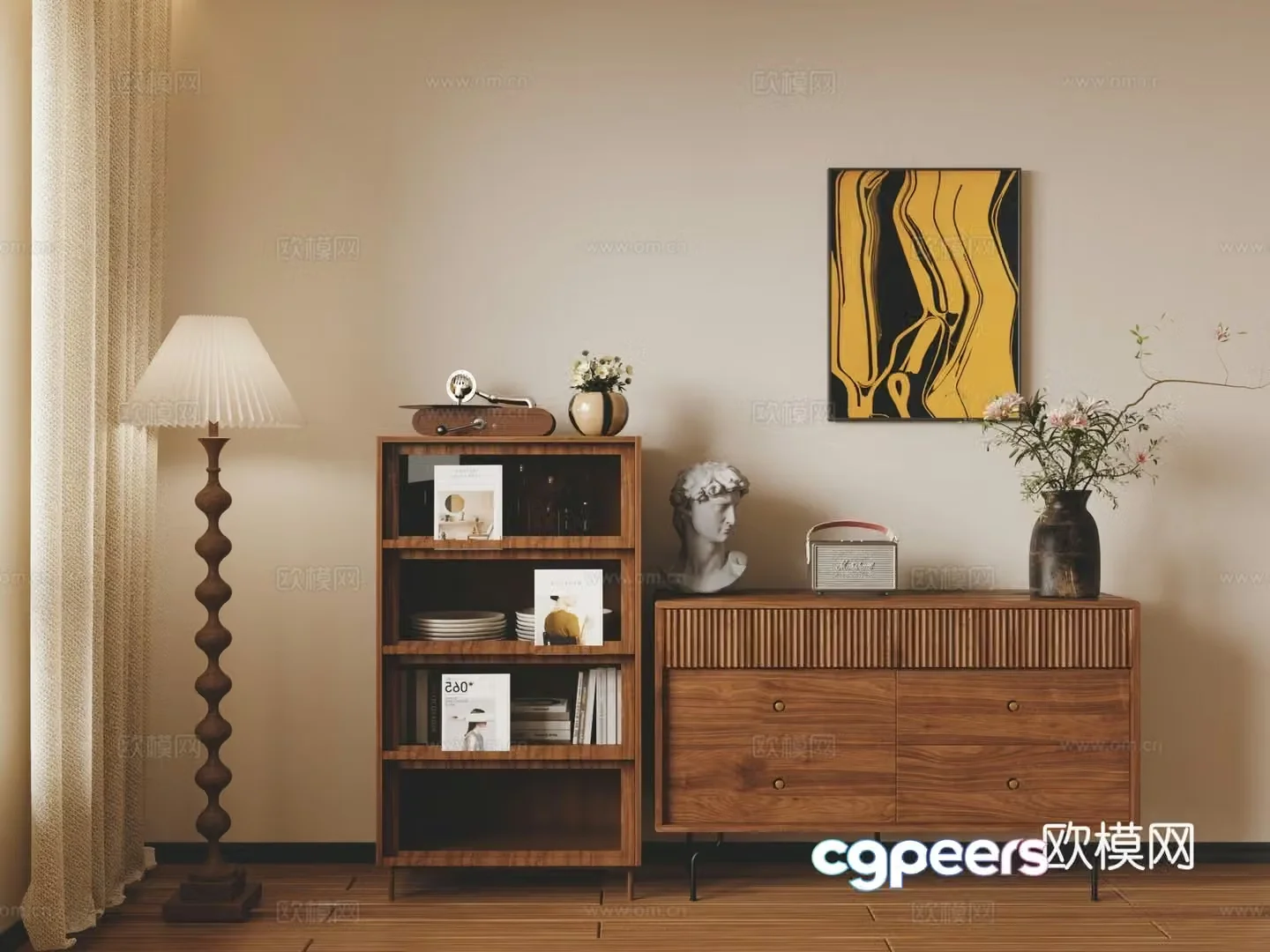 Modern restaurant solid wood dining cabinet side cabinet high and low cabinet 3D model