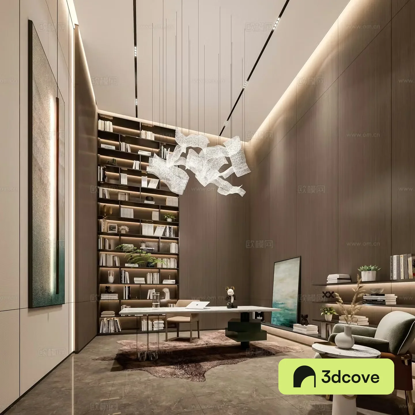 Modern study chandeliers desks and chairs 3D model of hanging paintings