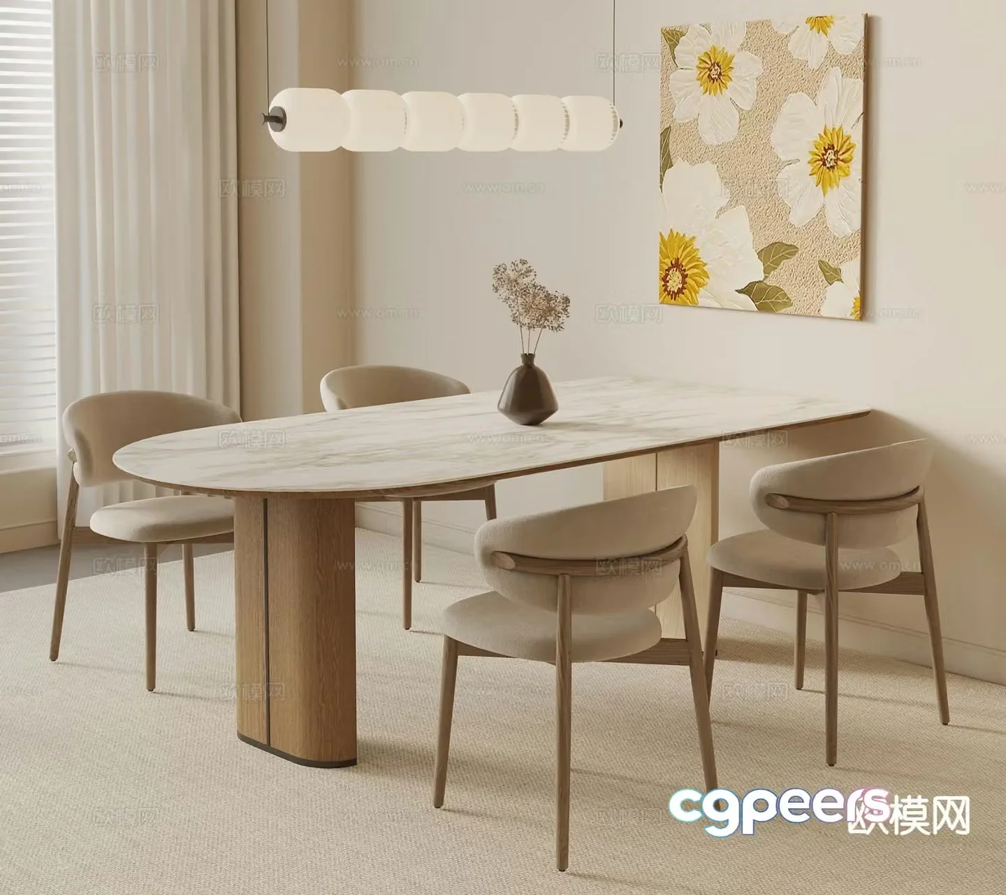 Cream style dining table and chairs 3d model