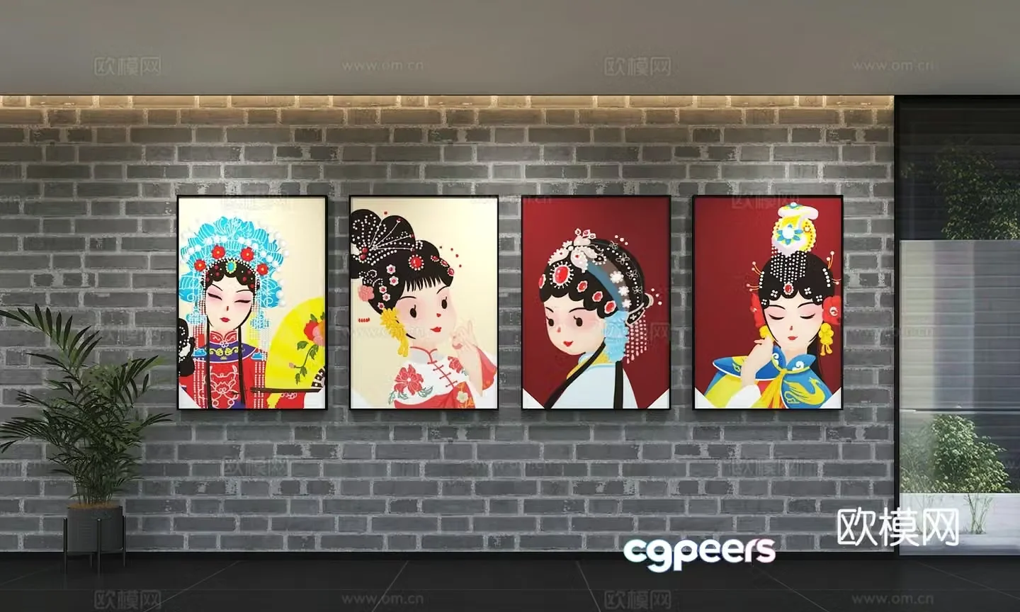 Chinese opera culture wall wall decoration painting slogan display wall 3d model