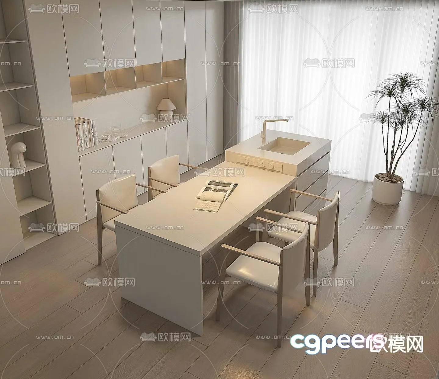 Cream style dining table and chairs island dining table and chairs 3d model