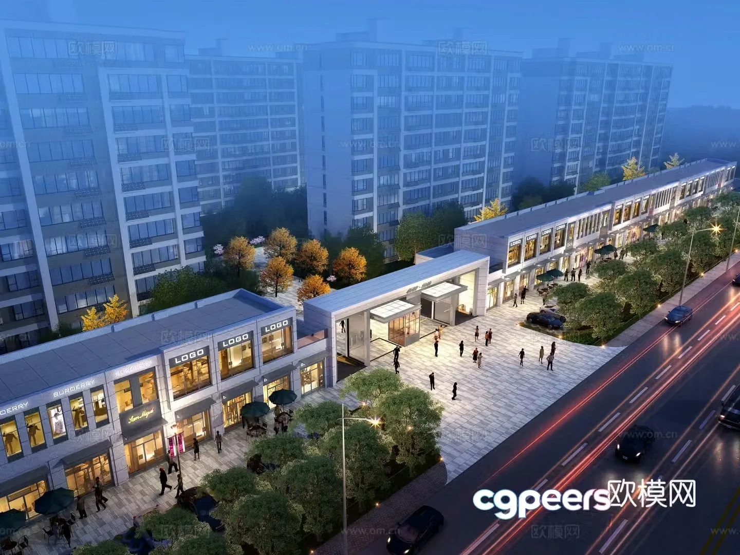 3D model of commercial street along the street