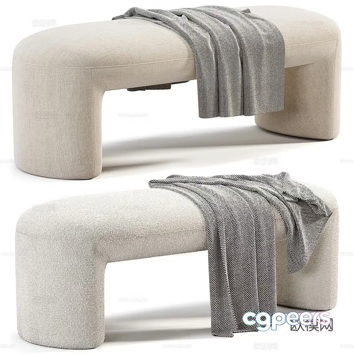 Modern Italian cream style fabric bench tail stool 3D model