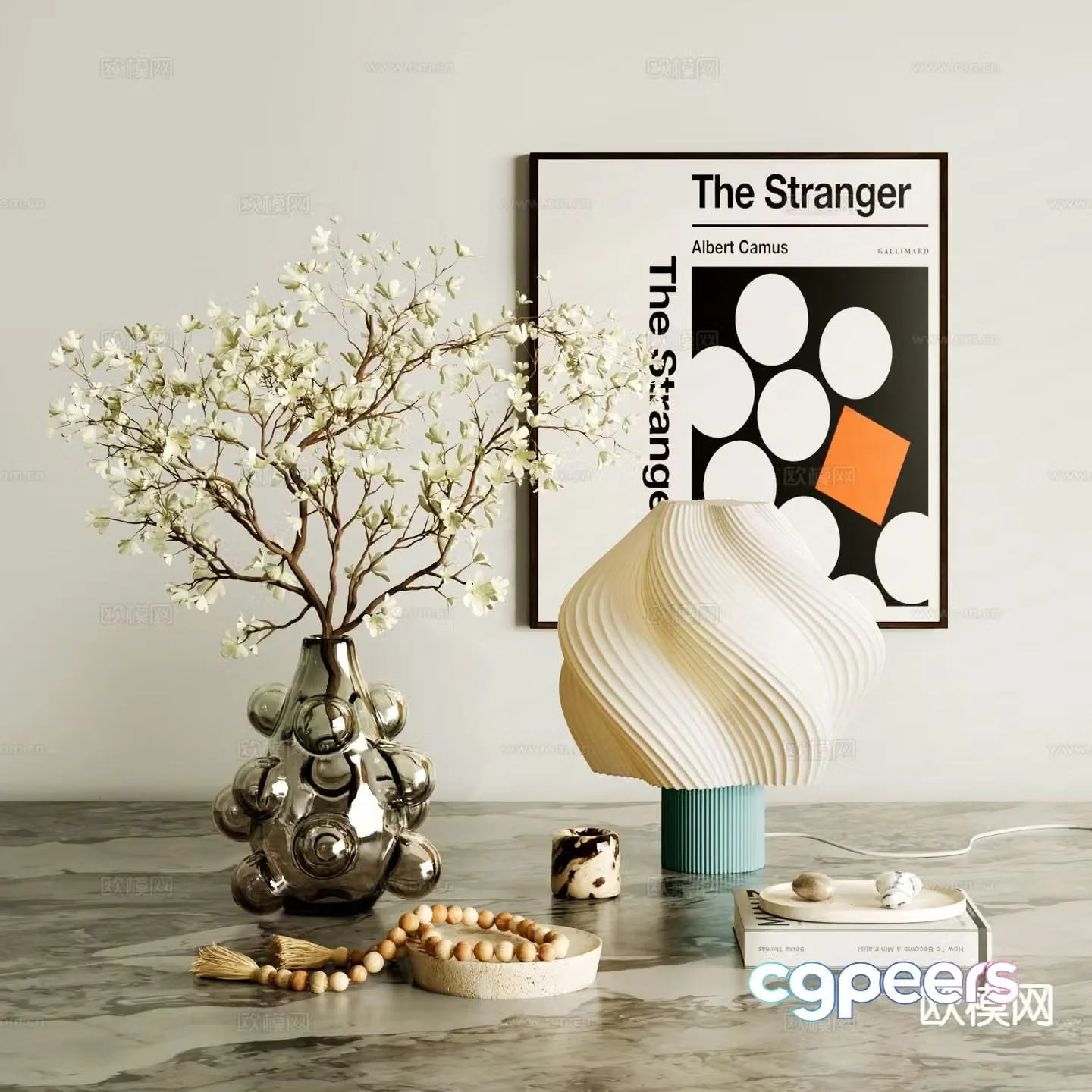 French decorative ornaments books accessories floral arrangements table lamp 3D model