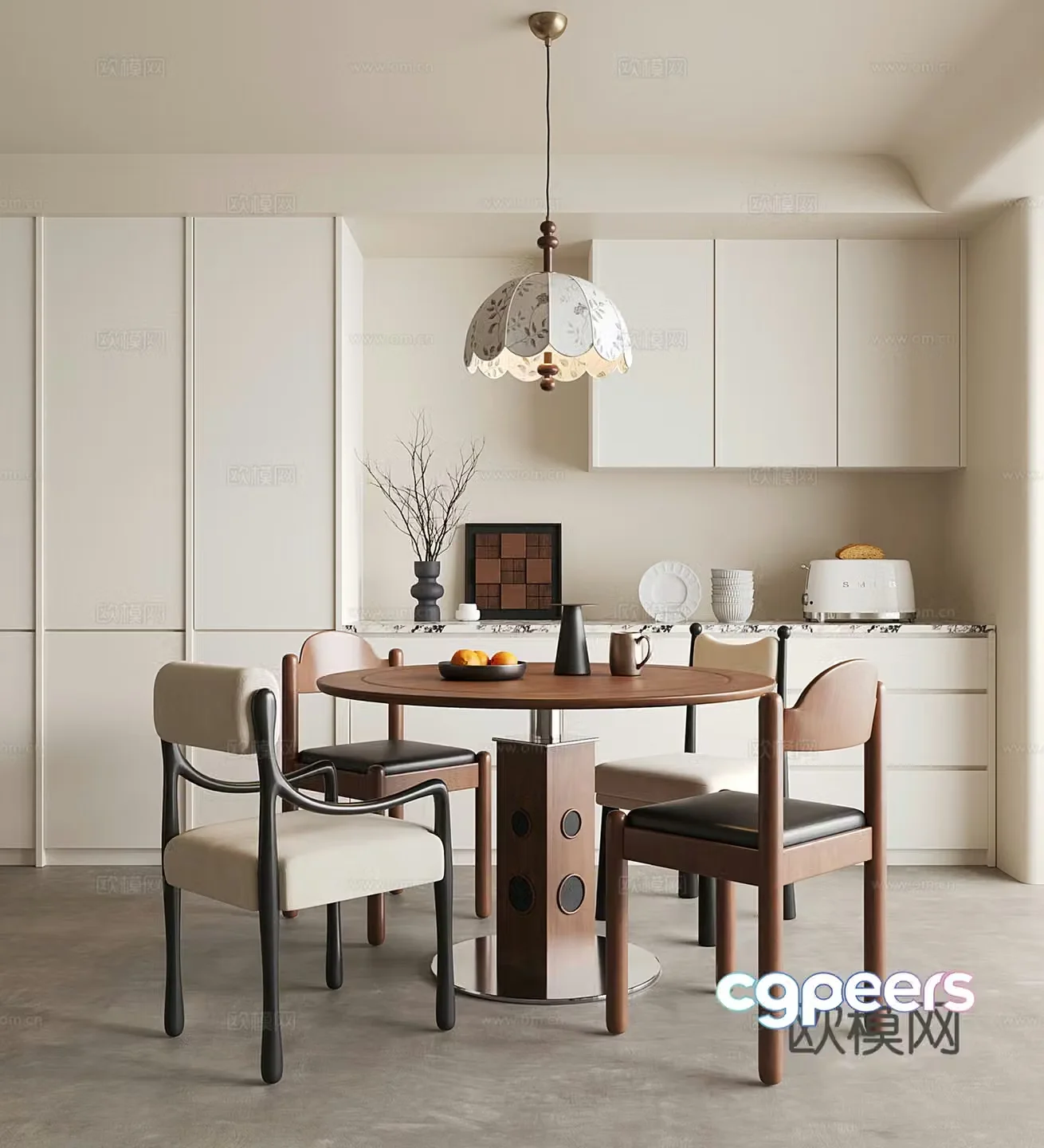 Middle style restaurant dining table and chairs wine cabinet chandeliers round dining table 3D model