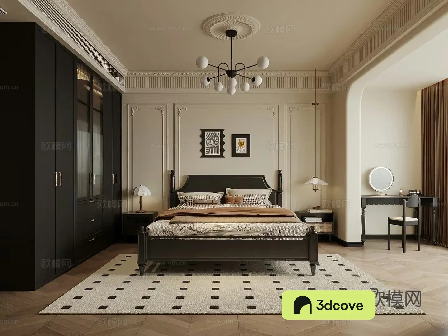 French retro style bedroom double bed nightstand wardrobe dressing table