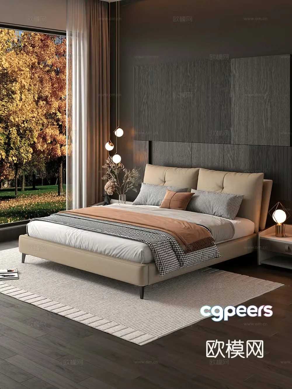 Bedroom and home double bed nightstand minimalist bed decoration hanging painting 3d model