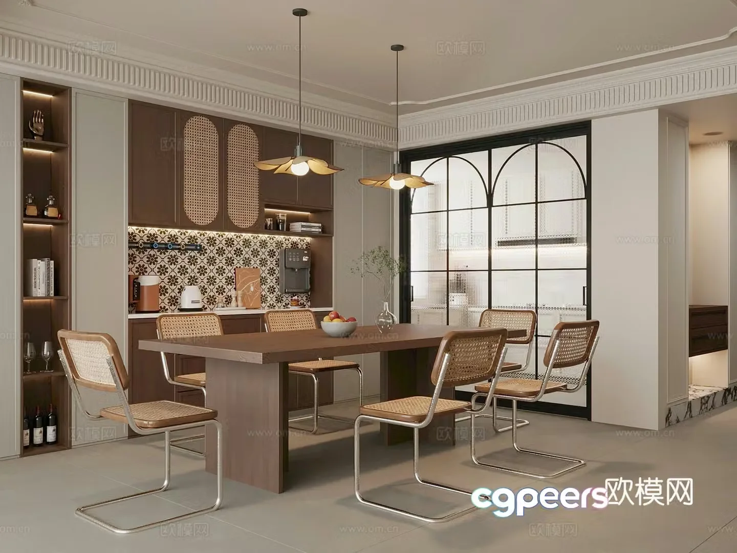 Middle style restaurant dining table and chair combination wine cabinet sideboard 3D model