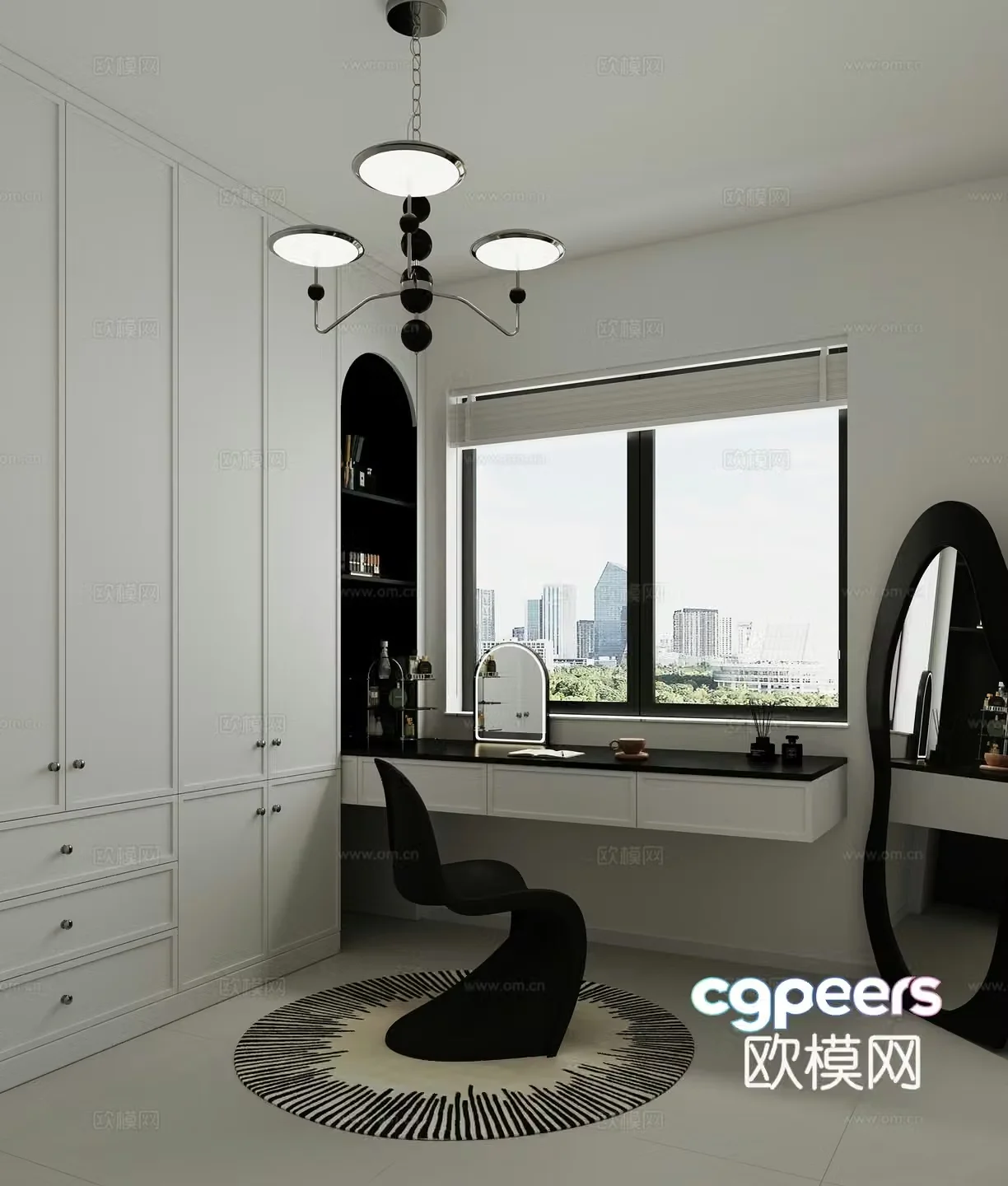 Modern minimalist black and white gray cloakroom and study room 3D model