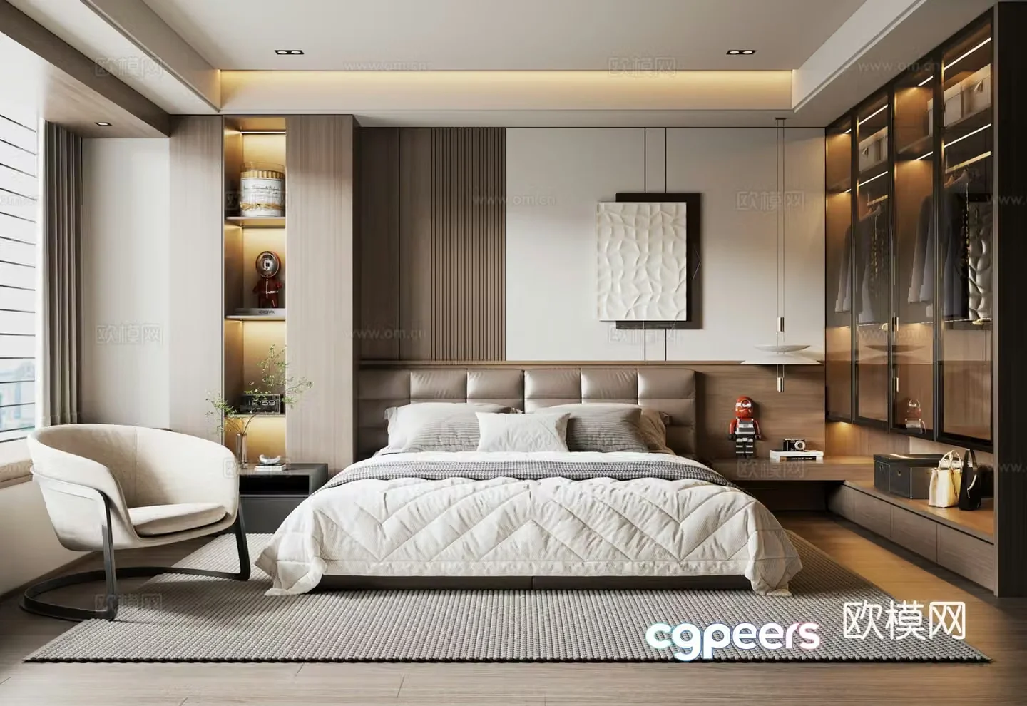 Modern Italian bedroom double bed leather bed wardrobe decorative cabinet bay window decorative painting lazy sand 3d model