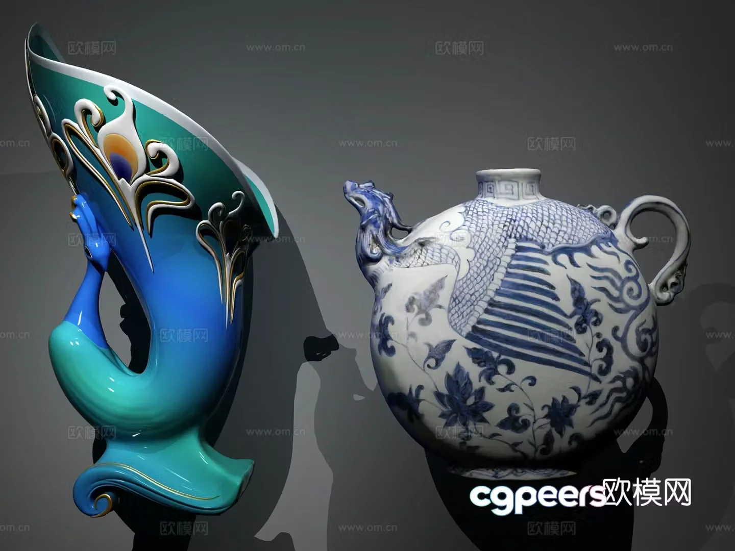 New Chinese style peacock vase blue and white phoenix head flat pot 3D model
