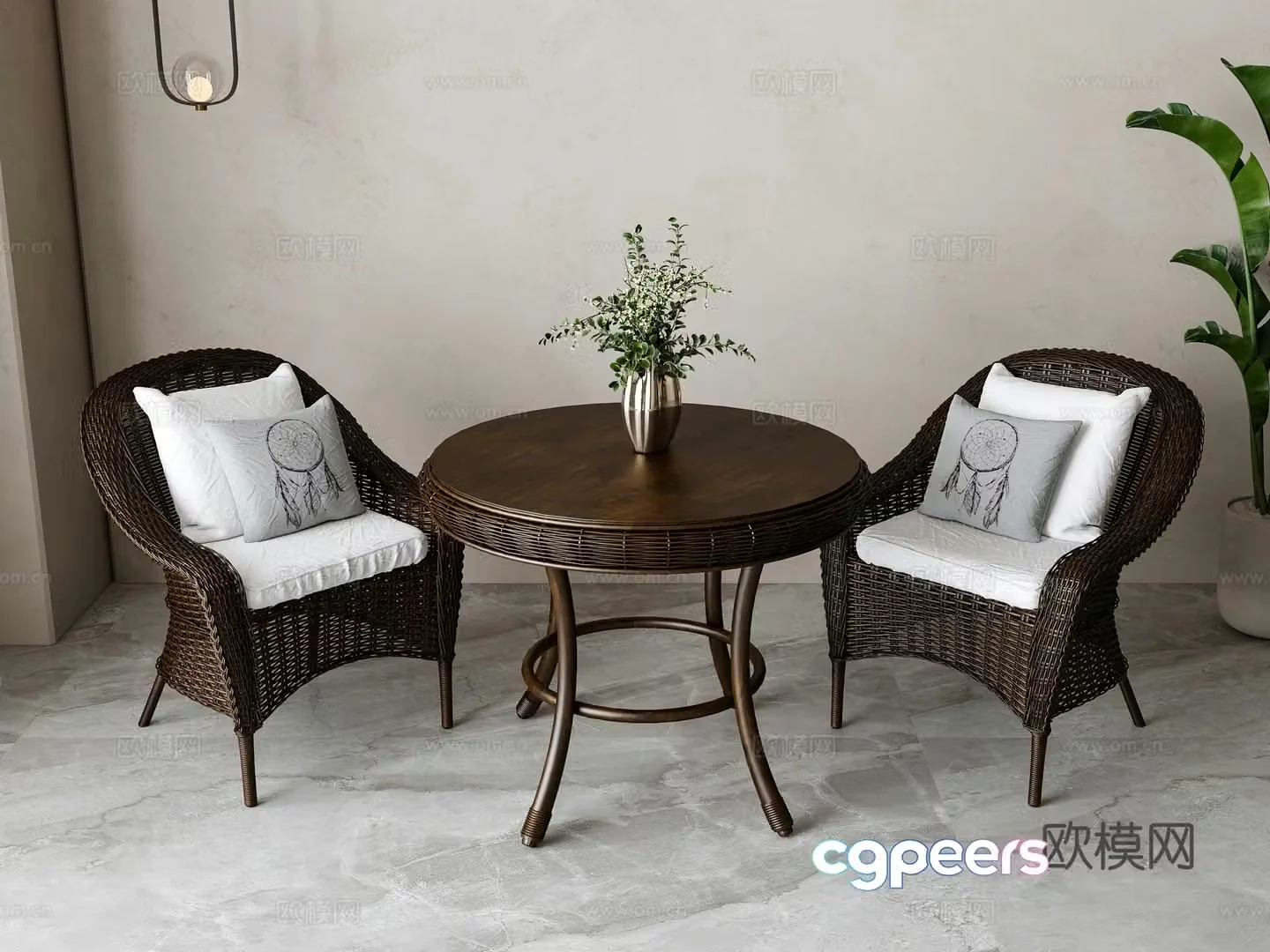 American rattan casual table and chair combination 3D model