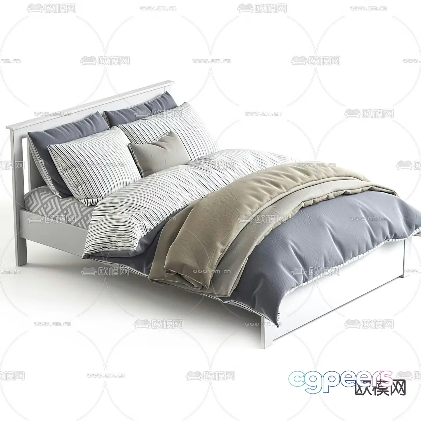 Nordic double bed solid wood bed 3d model