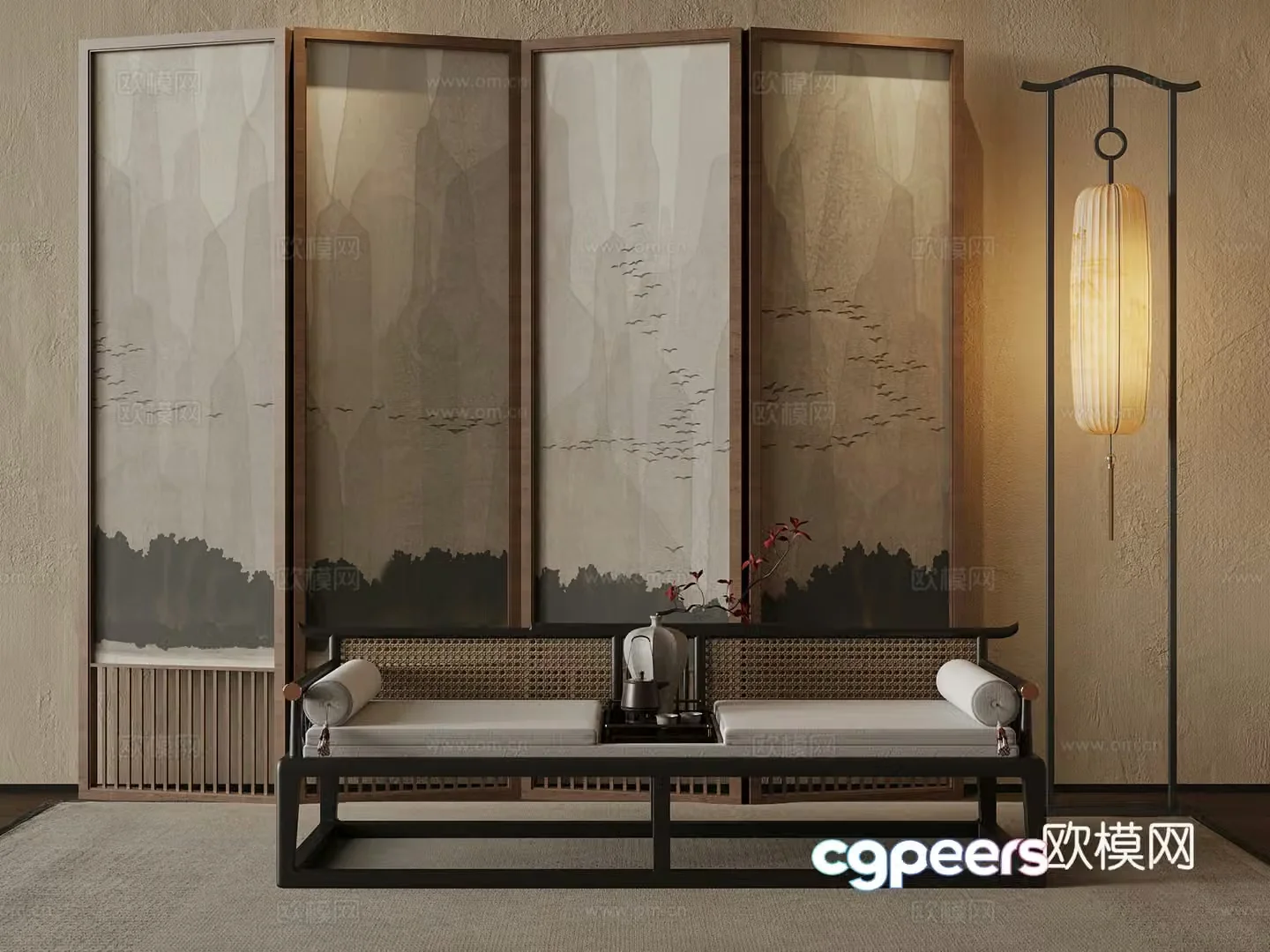 21 new Chinese style screen shoe changing stool floor lamp 3d model