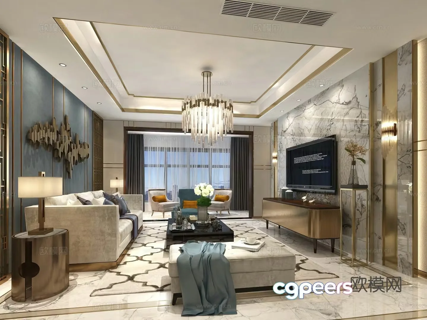 Postmodern living and dining hall entrance chandeliers desk lamps multi-person sofas coffee table decorative cabinet 3D model