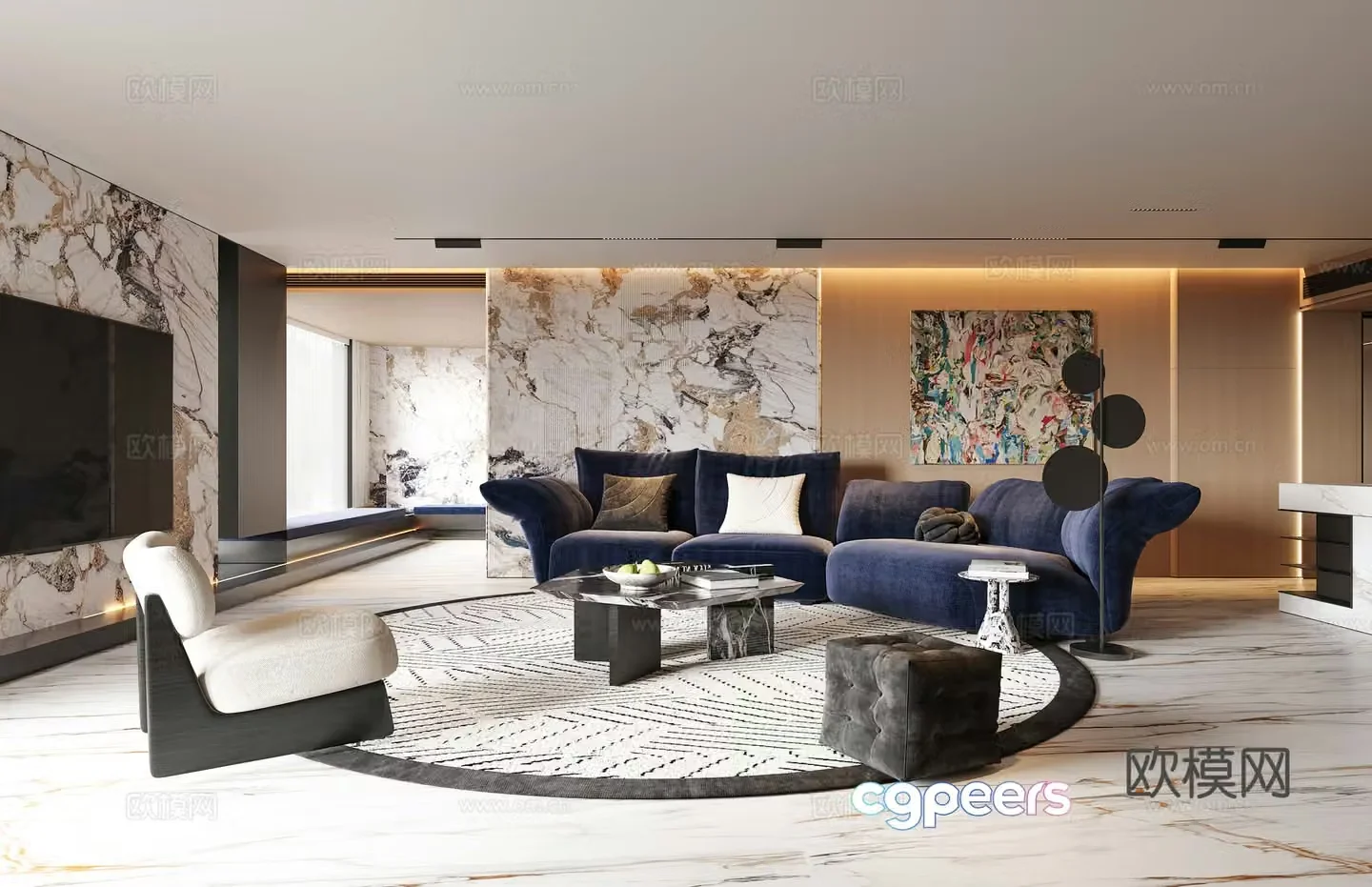 Modern light luxury living room Villa living room Large flat living room Sofa coffee table combination Leisure chair Floor 3D model